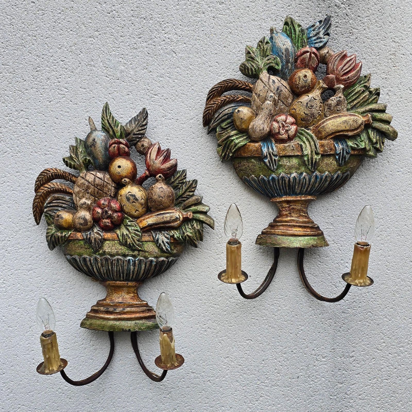 Pair Of Hand Carved Italian Fruit Basket Wall Sconces, Florentine, Ca. 1880–1900 photo furniture