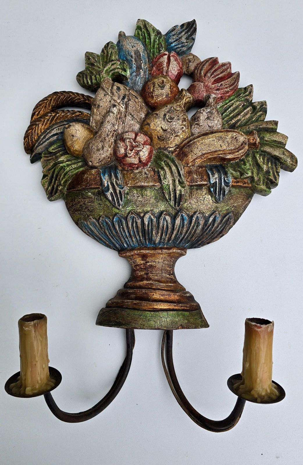 Pair Of Hand Carved Italian Fruit Basket Wall Sconces, Florentine, Ca. 1880–1900 photo for sale