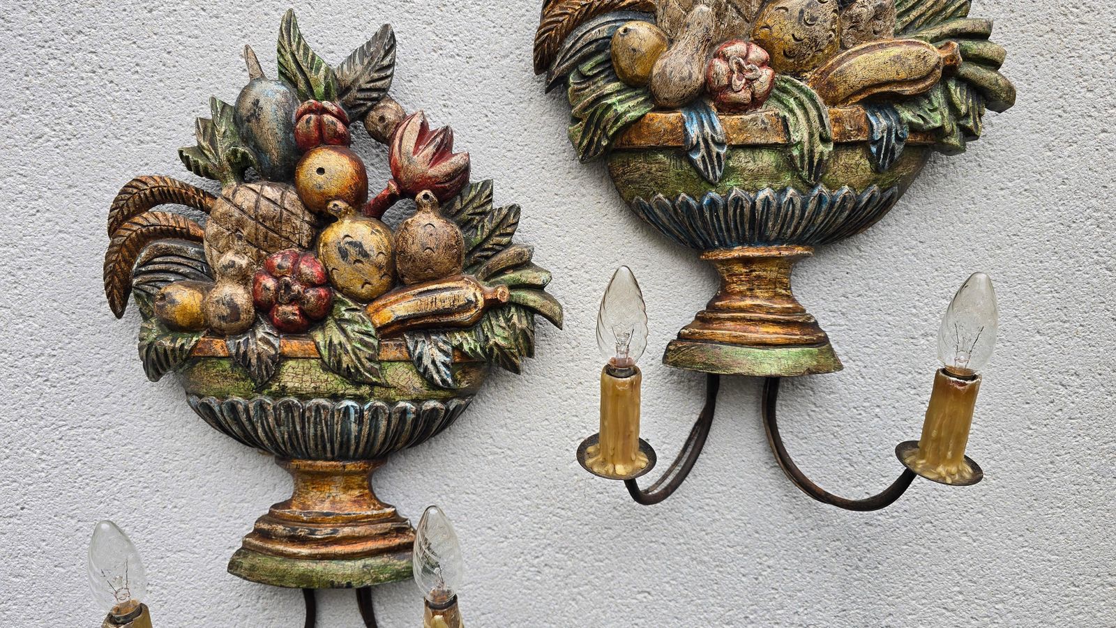 Pair Of Hand Carved Italian Fruit Basket Wall Sconces, Florentine, Ca. 1880–1900 photo 2610.0