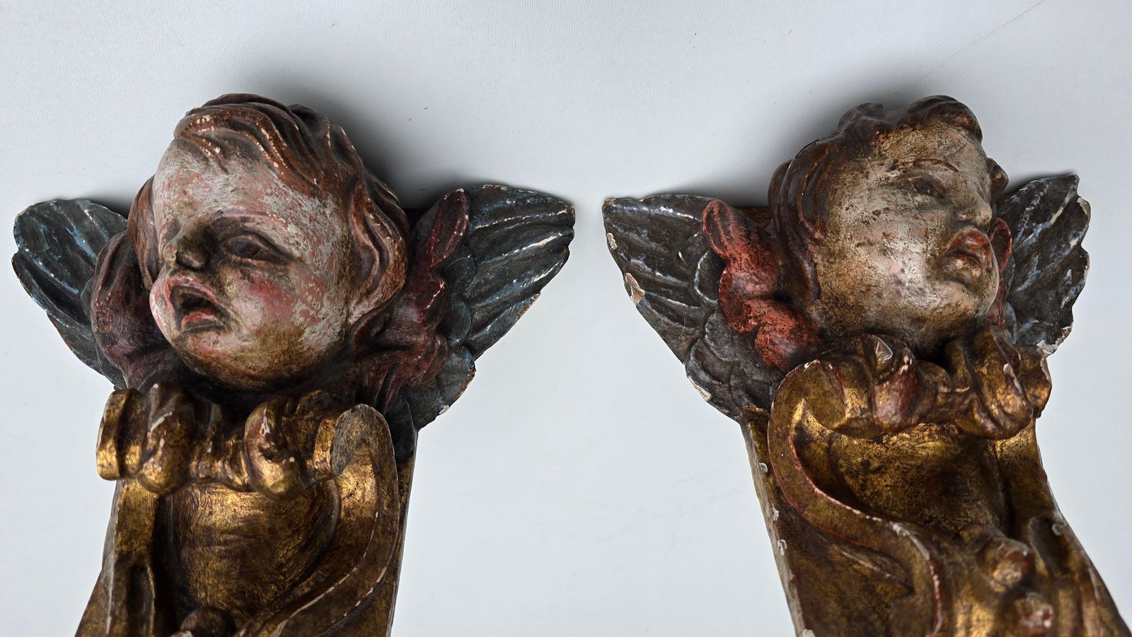 Pair Of 18th Century Italian Baroque Cherub Corner Carvings, C. 1750–1780 photo vintage