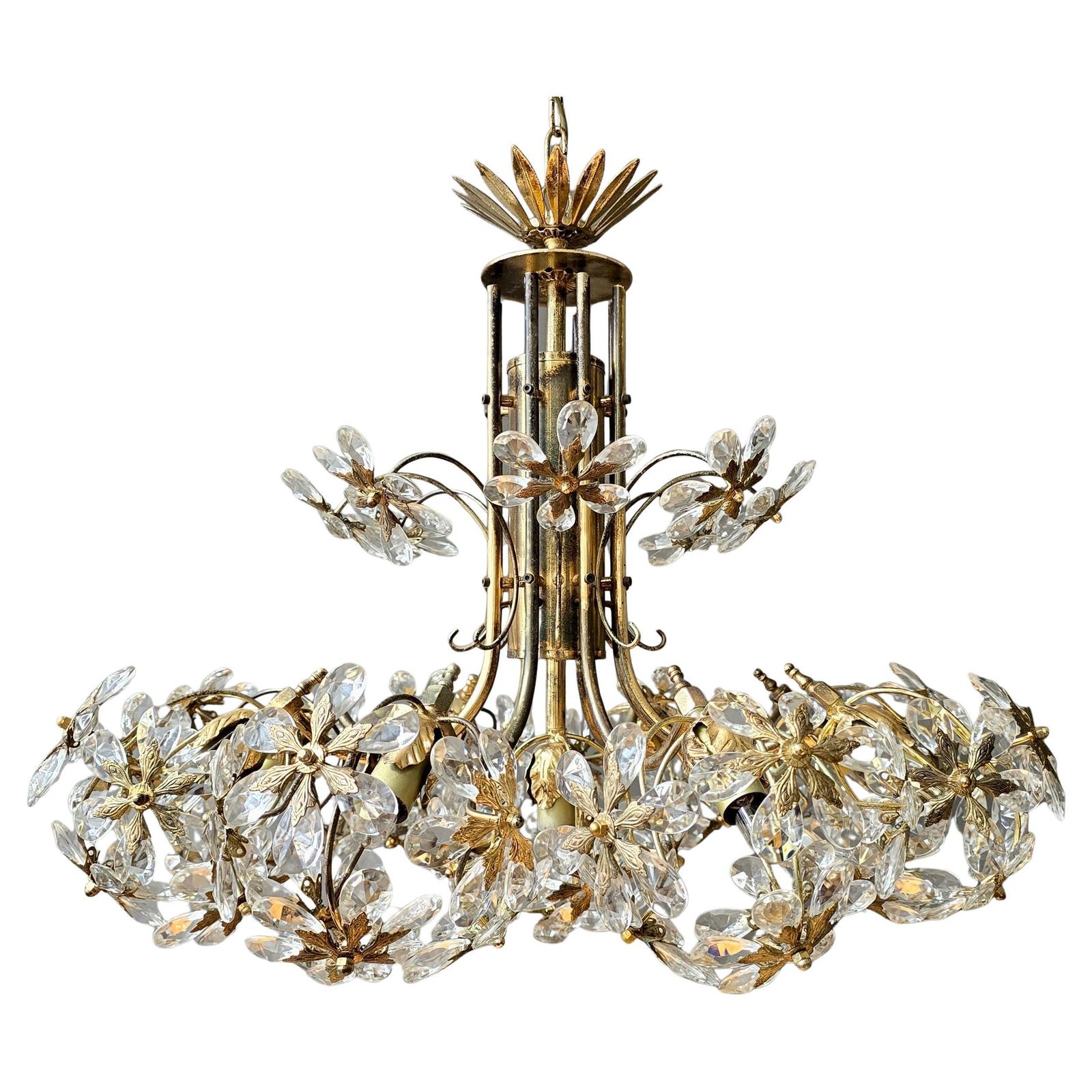 Mid Century Gilt Brass Floral Crystal Chandelier, Attributed To Palwa, Germany
