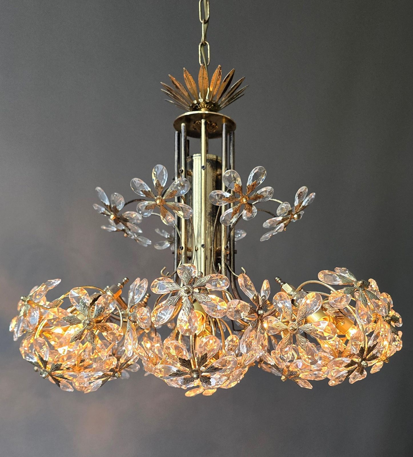 Mid Century Gilt Brass Floral Crystal Chandelier, Attributed To Palwa, Germany photo furniture