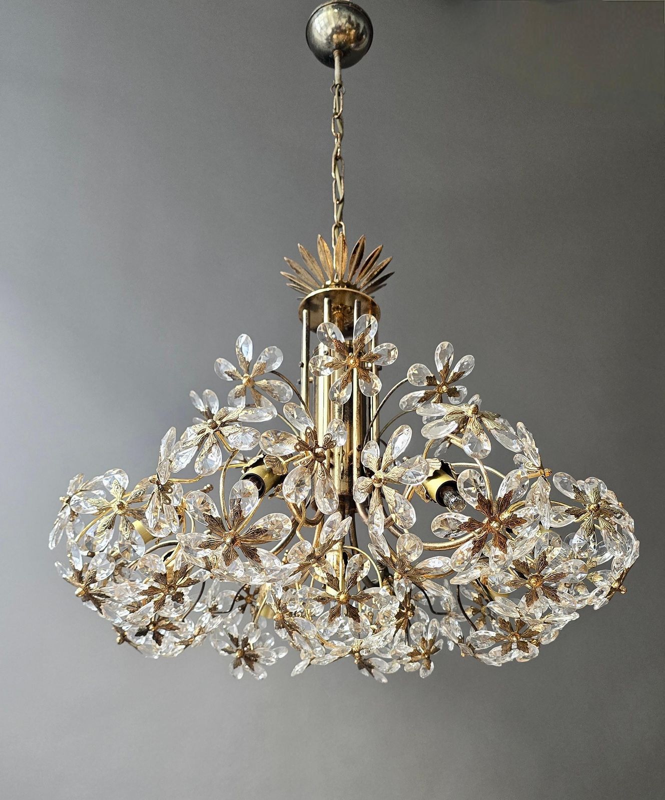 Mid Century Gilt Brass Floral Crystal Chandelier, Attributed To Palwa, Germany photo for sale