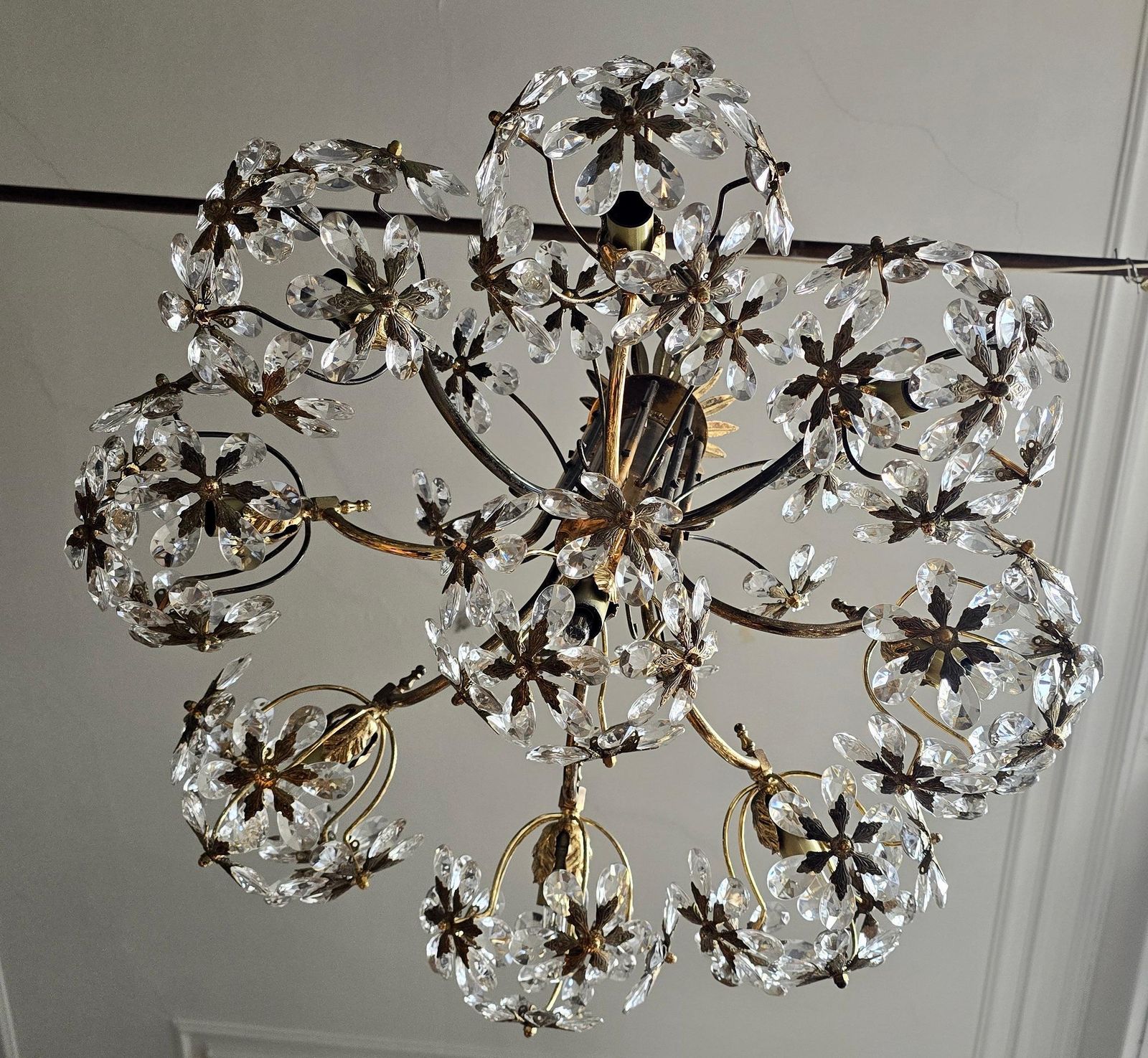 Mid Century Gilt Brass Floral Crystal Chandelier, Attributed To Palwa, Germany photo Lighting
