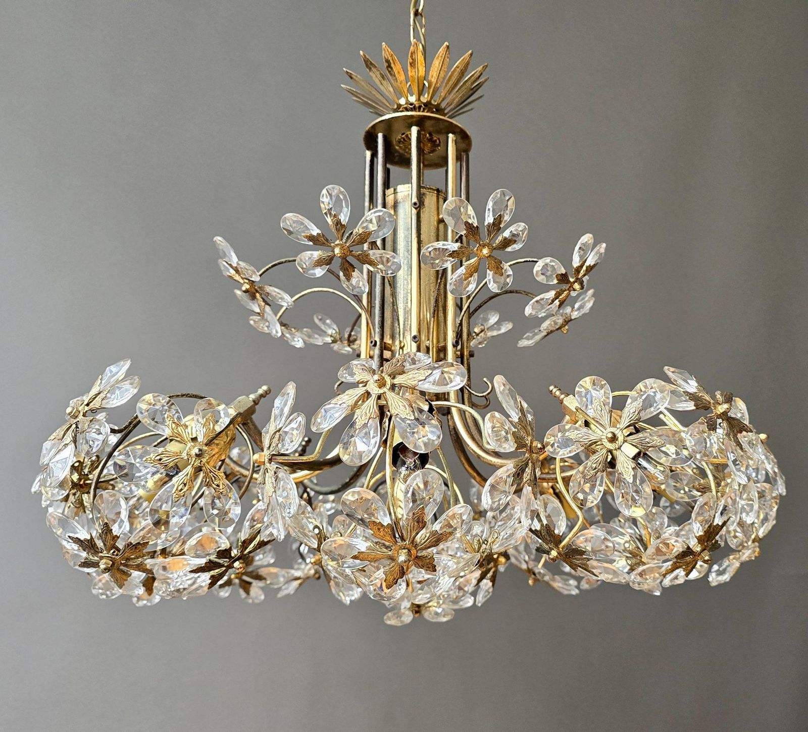 Mid Century Gilt Brass Floral Crystal Chandelier, Attributed To Palwa, Germany photo buy