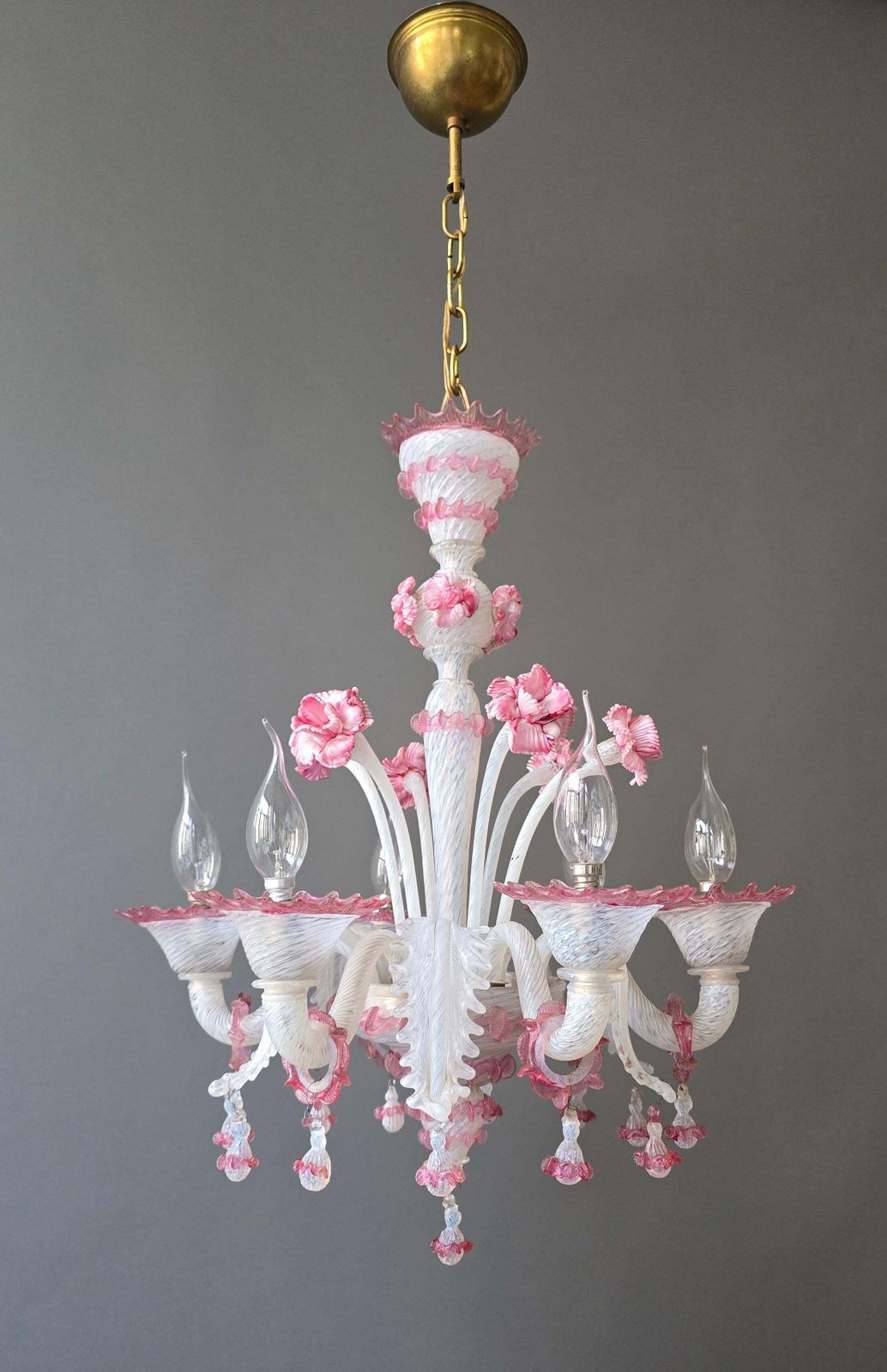 Exceptional Mid Century Murano Glass Chandelier With Rare Pink Flowers, Italy photo Lighting