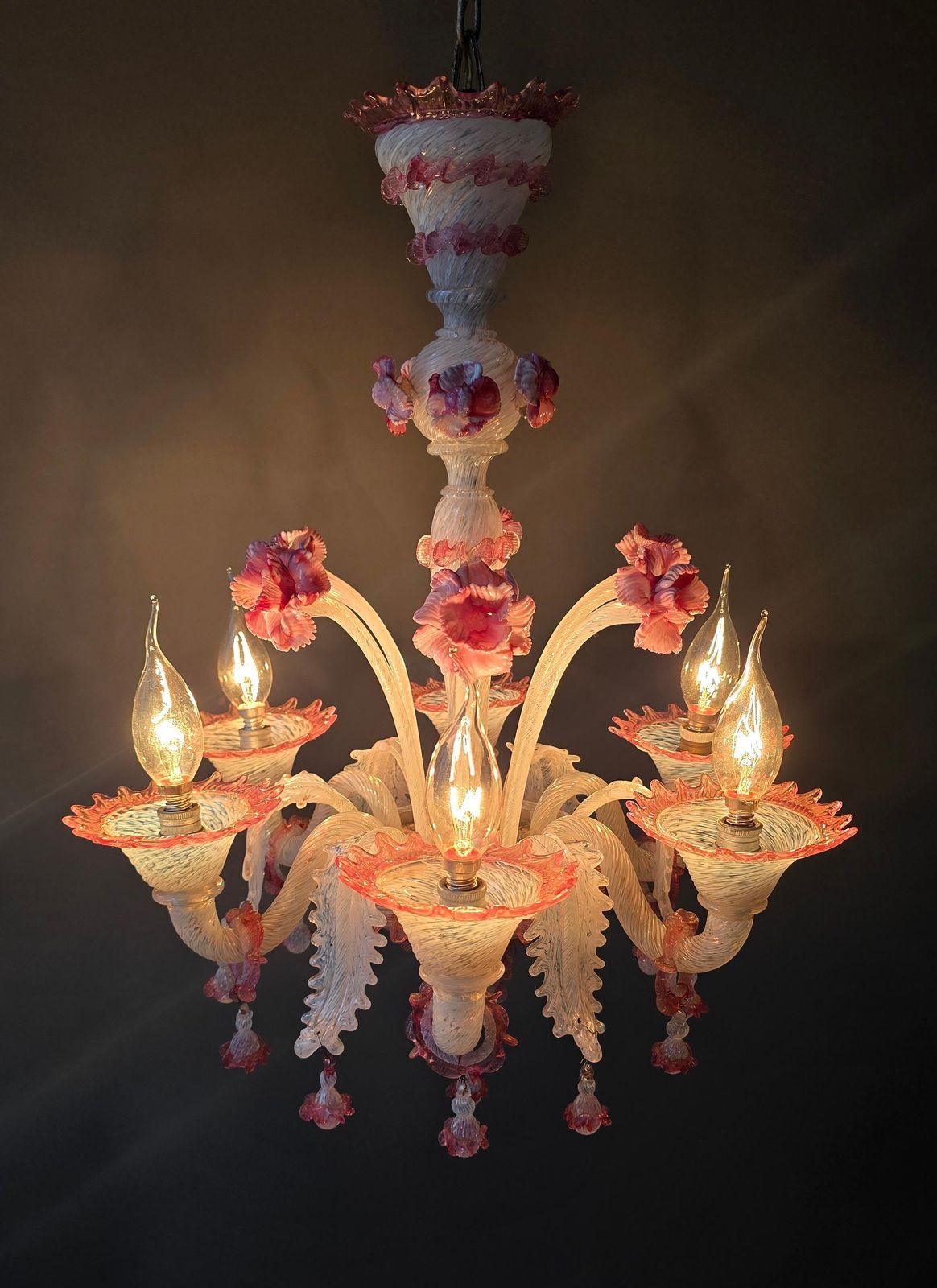 Exceptional Mid Century Murano Glass Chandelier With Rare Pink Flowers, Italy photo 4640.0
