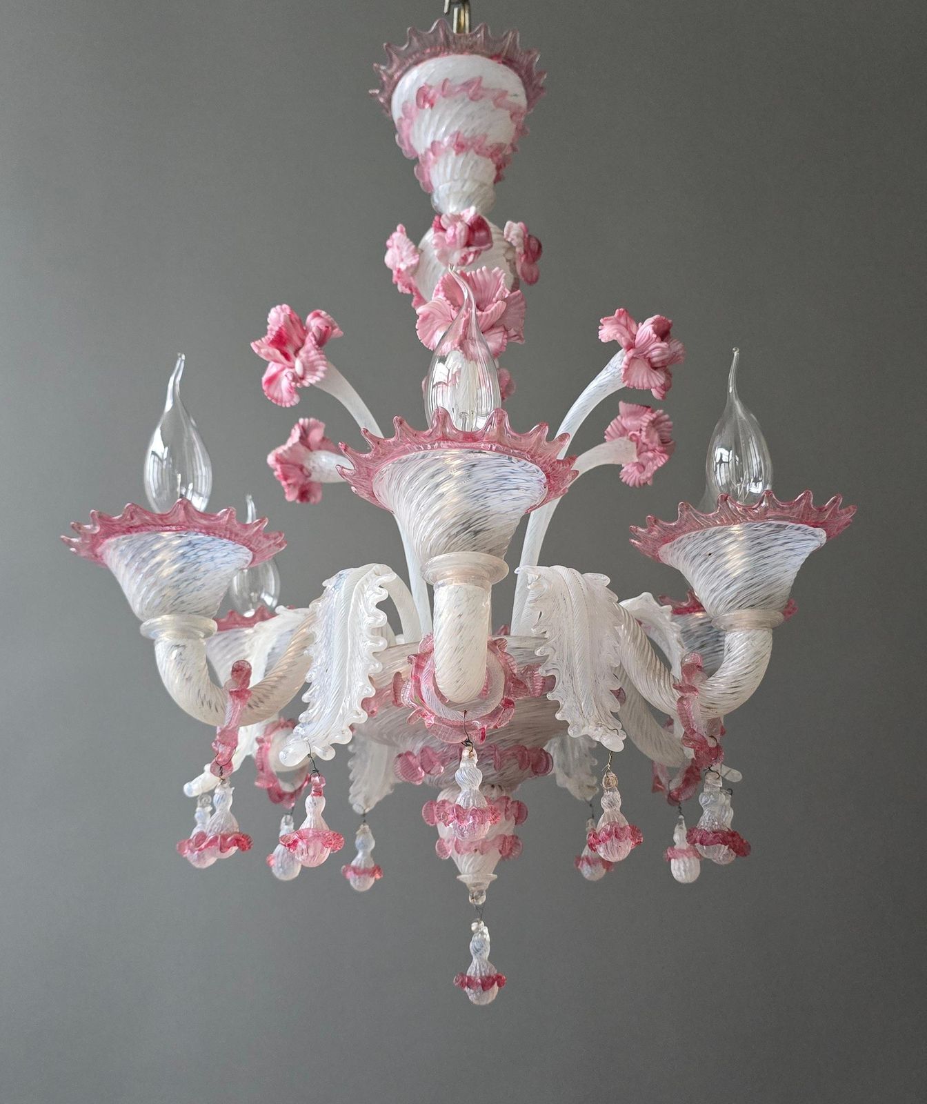 Exceptional Mid Century Murano Glass Chandelier With Rare Pink Flowers, Italy photo buy
