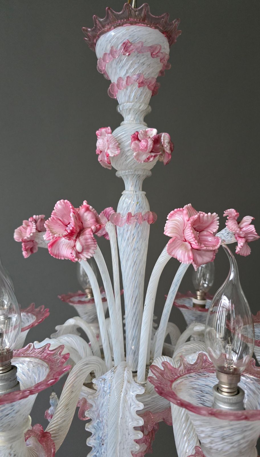 photo buy Exceptional Mid Century Murano Glass Chandelier With Rare Pink Flowers, Italy