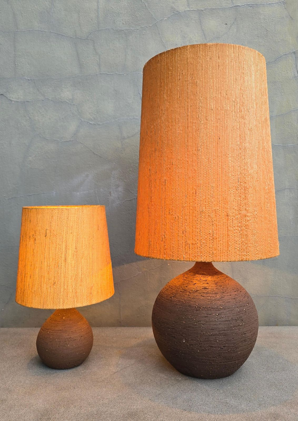 Pair Of Sculptural Studio Pottery Table Lamps, 1970s, Ceramic With Straw Shades photo Lighting