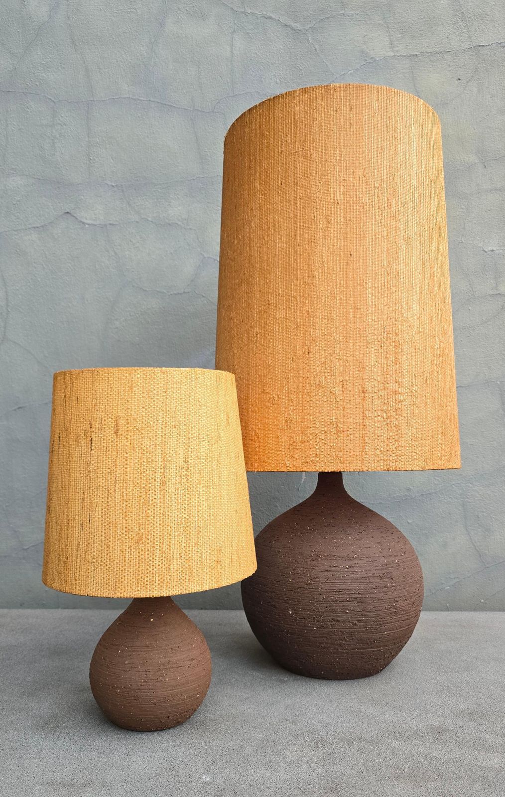 Pair Of Sculptural Studio Pottery Table Lamps, 1970s, Ceramic With Straw Shades photo buy