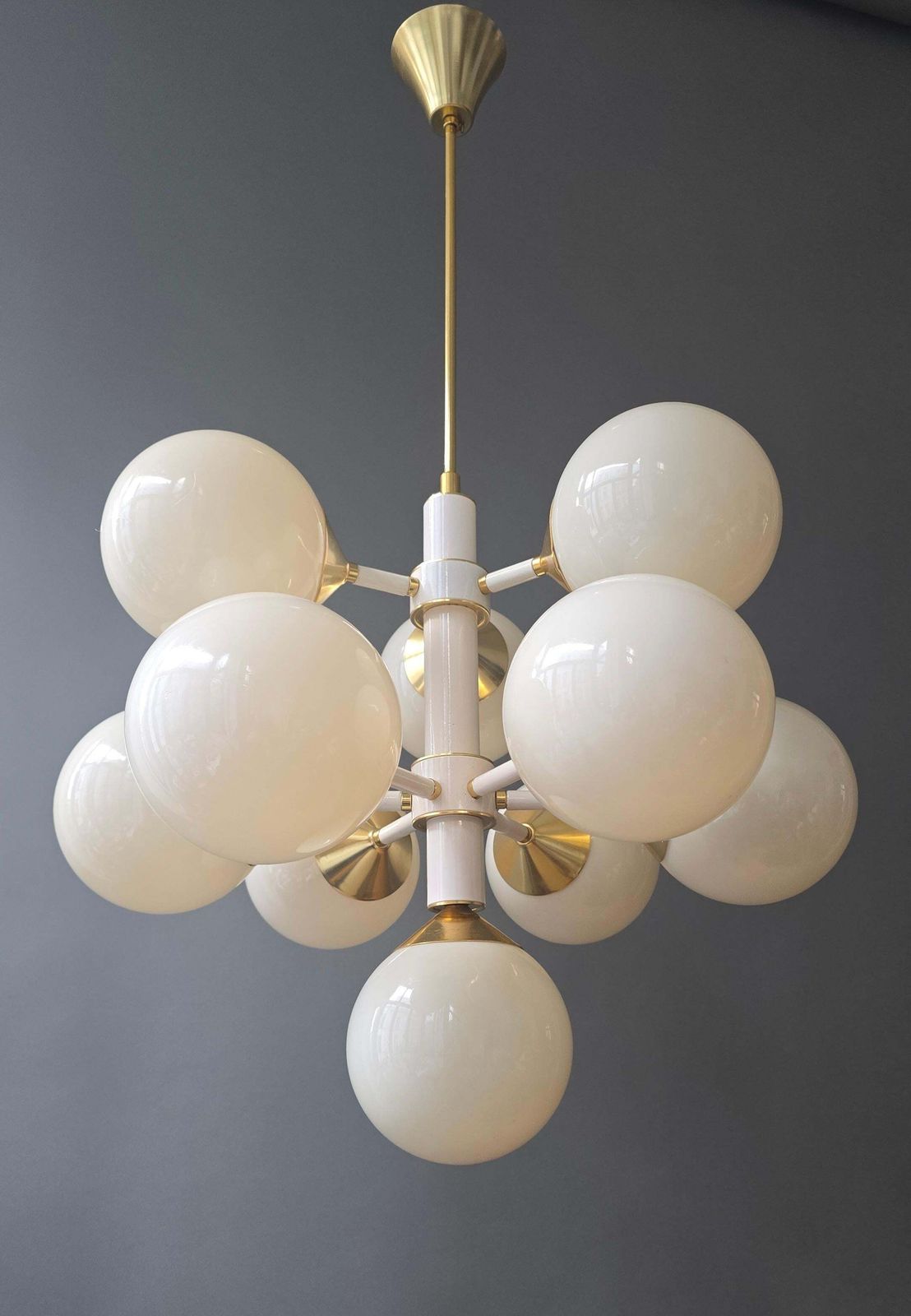 Large Italian 12 Light Sputnik Chandelier In White And Brass, 1970s photo furniture