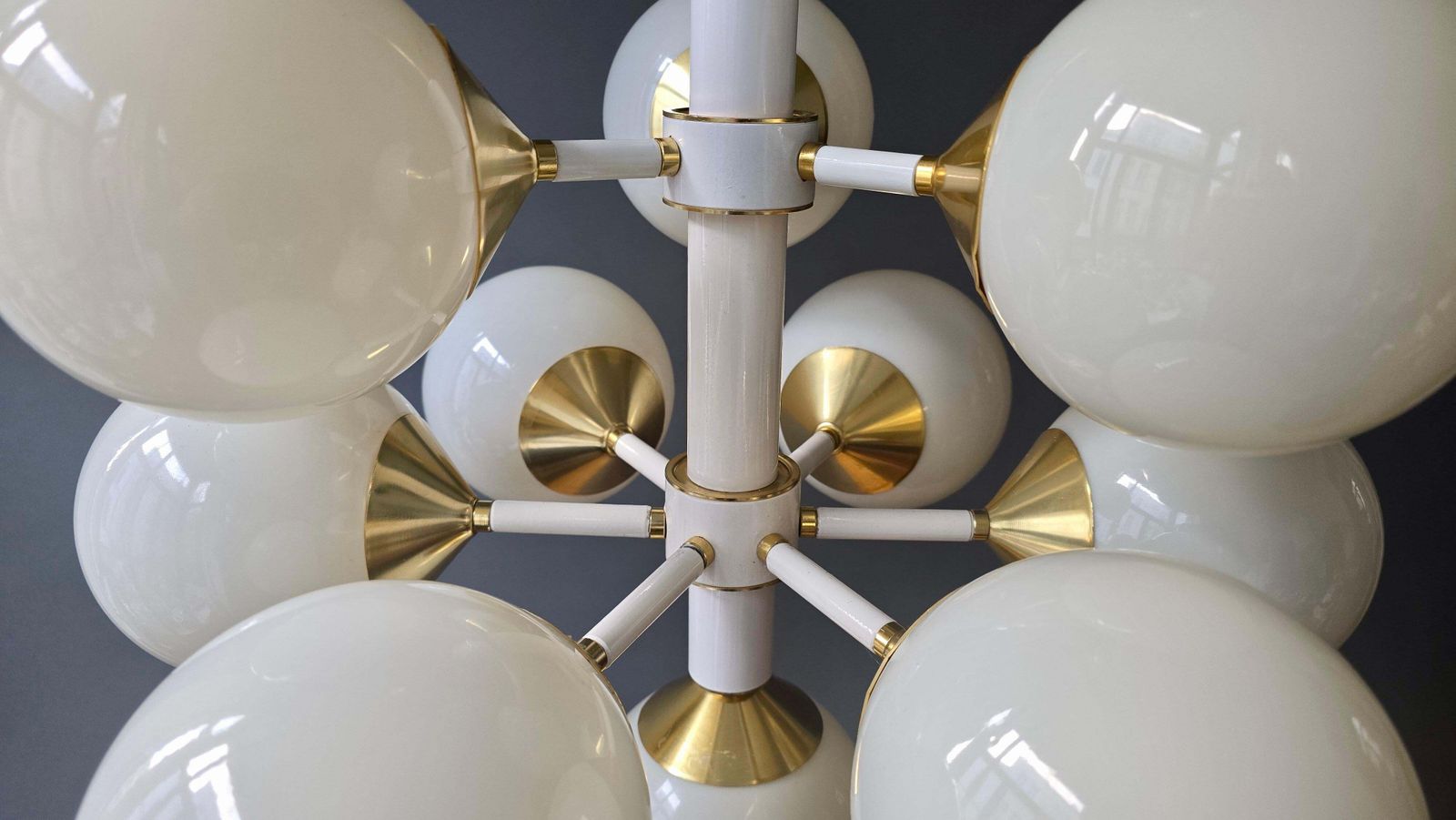 Large Italian 12 Light Sputnik Chandelier In White And Brass, 1970s photo buy