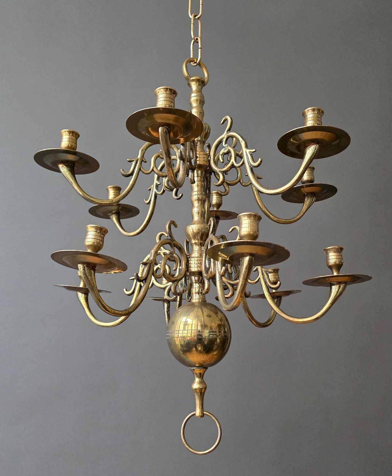 Dutch Baroque Revival 19th Century Solid Cast Brass Chandelier With 12 Candle photo furniture