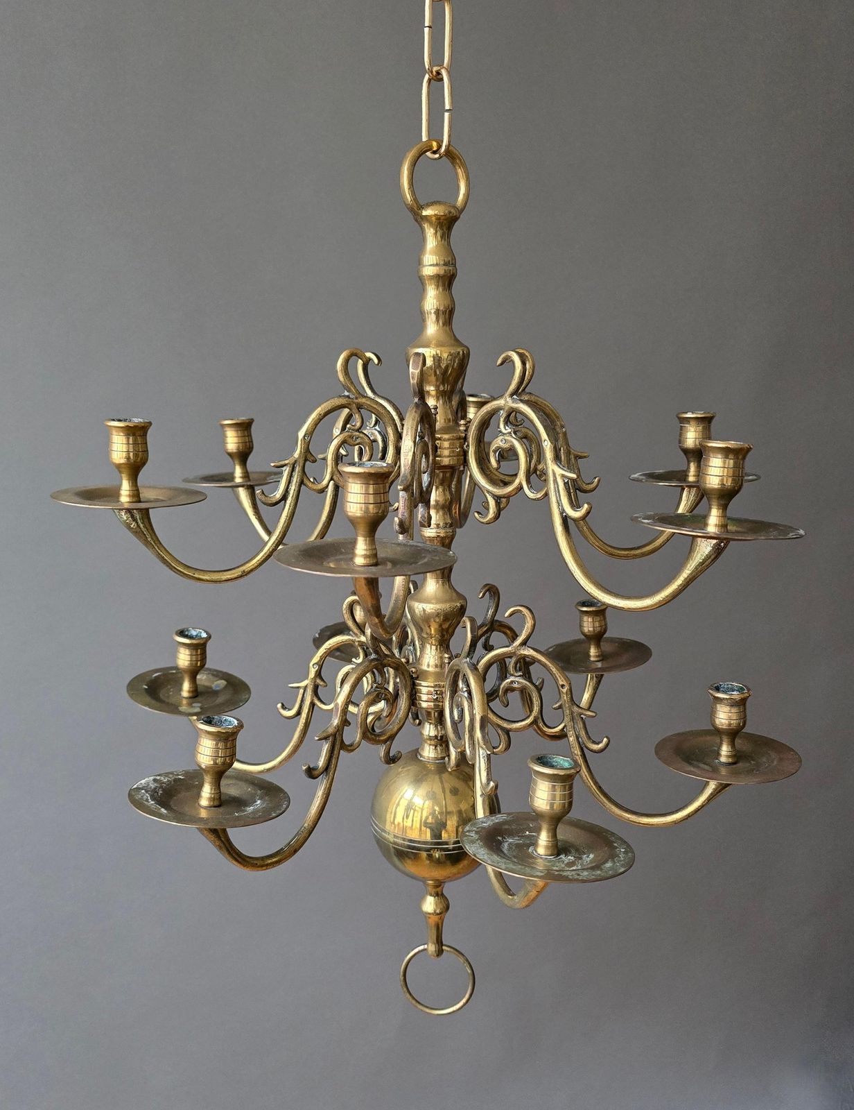 Dutch Baroque Revival 19th Century Solid Cast Brass Chandelier With 12 Candle photo vintage