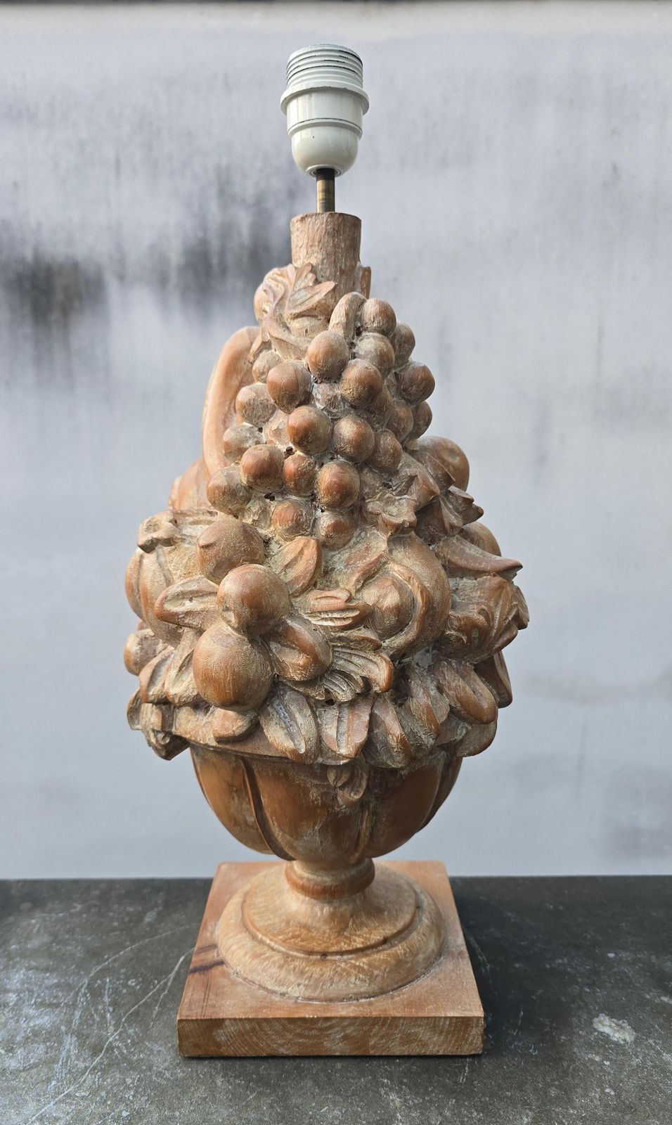 Large Hand Carved Wooden Fruit Trophy Table Lamp, Italy Or France, 1950s photo 1299.0