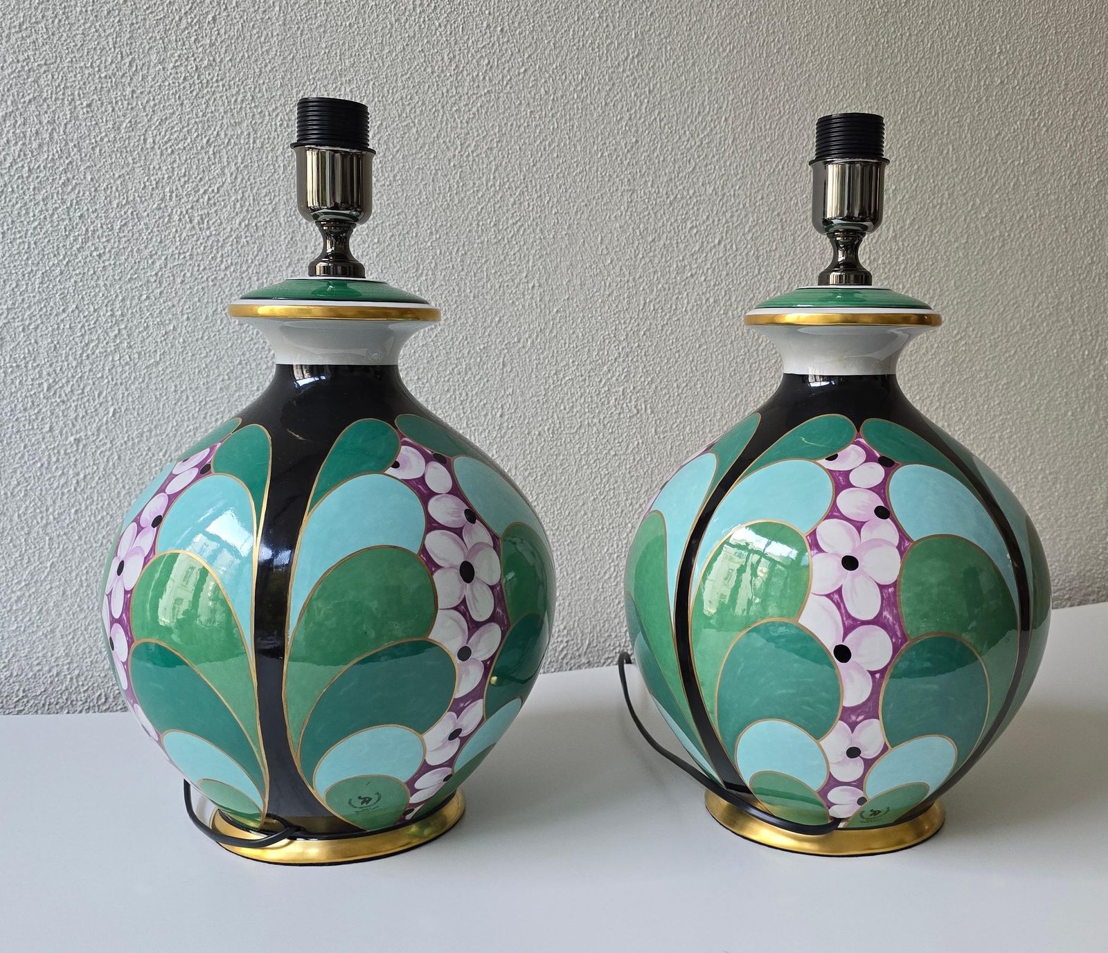 photo for sale Pair Of Hand Painted Italian Porcelain Table Lamps By Le Porcellane, Florence