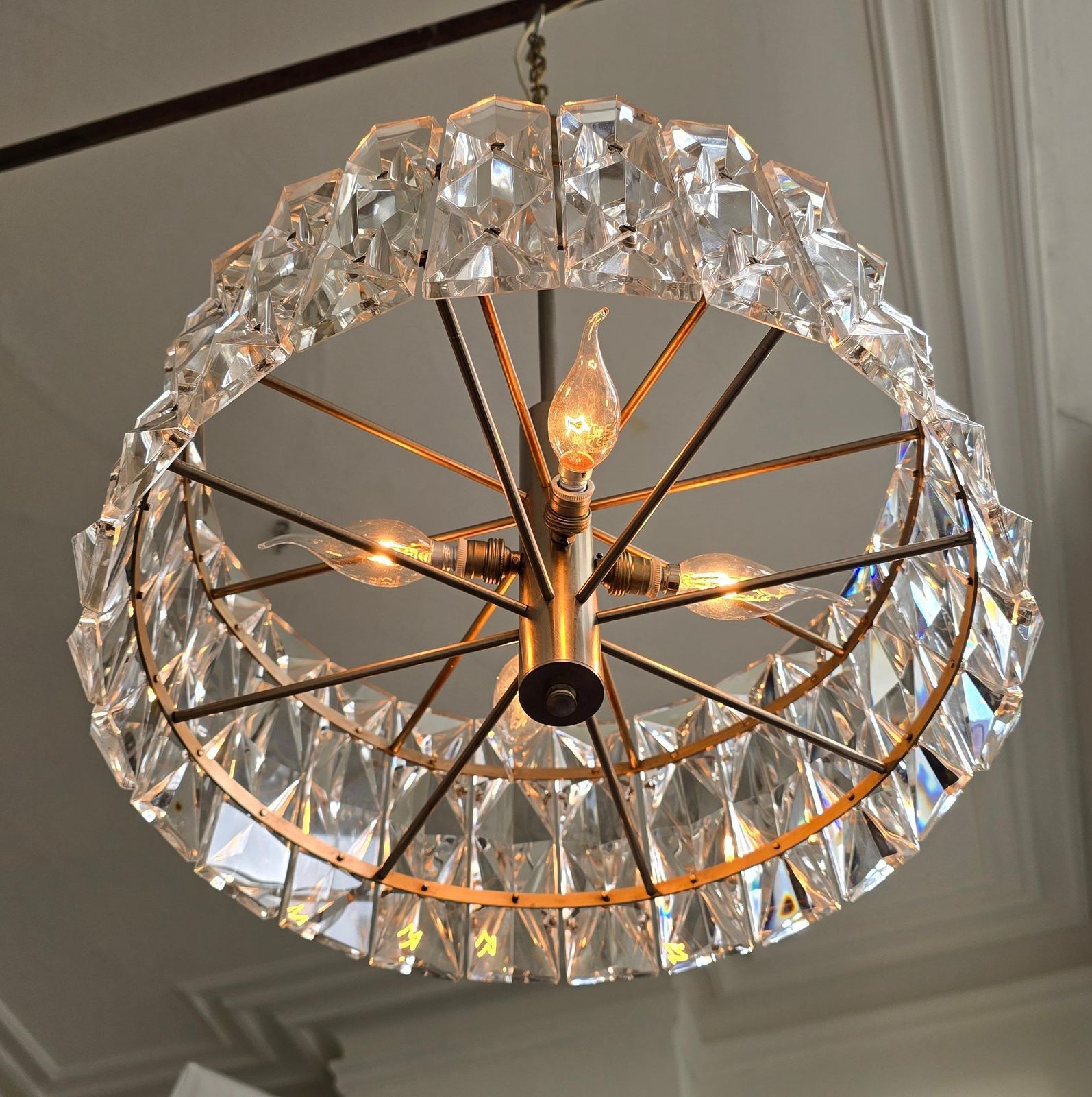 Mid Century Italian Crystal Glass Pendant Lamp With Nickel Frame, 1960s photo vintage