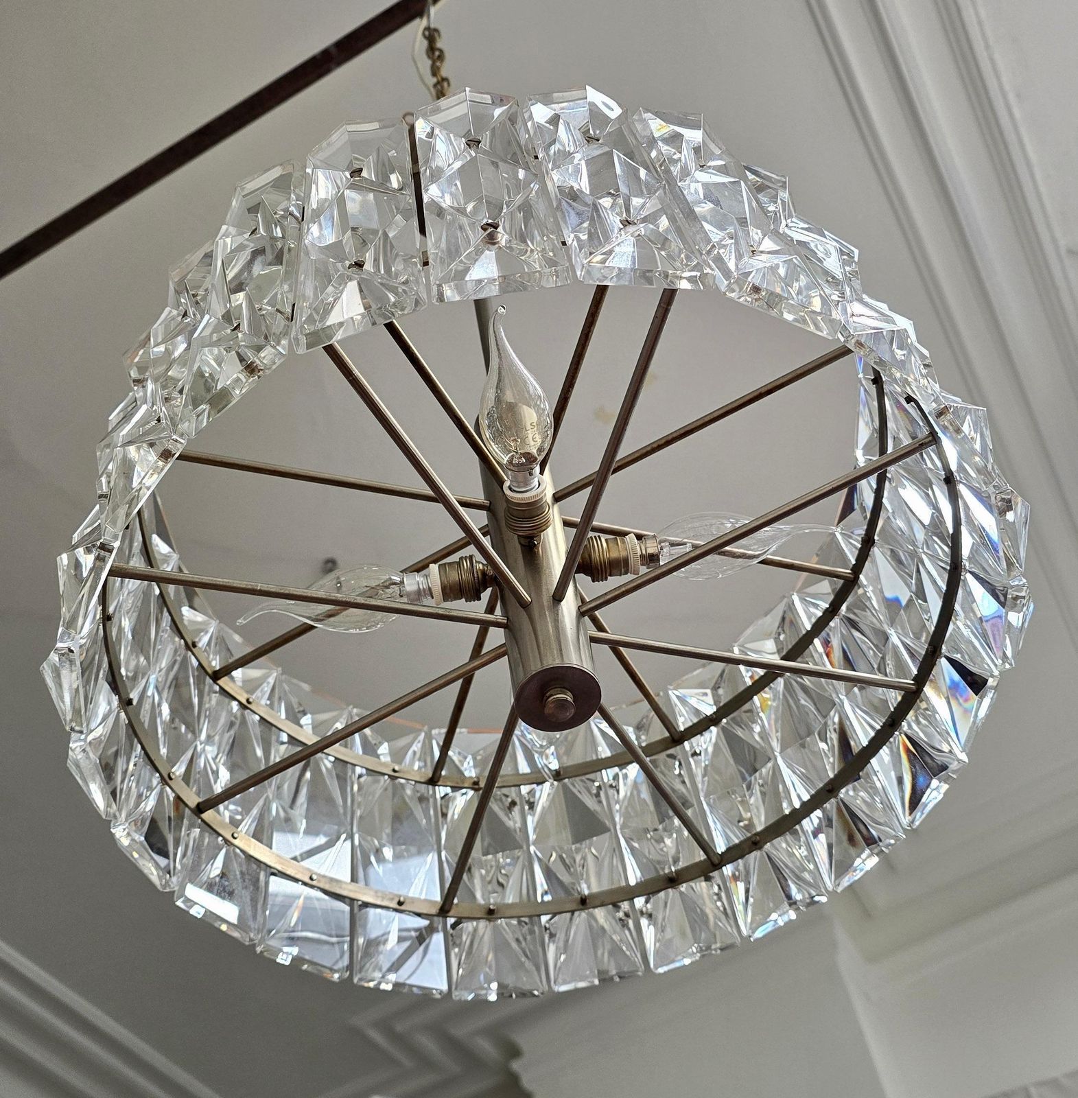 photo furniture Mid Century Italian Crystal Glass Pendant Lamp With Nickel Frame, 1960s
