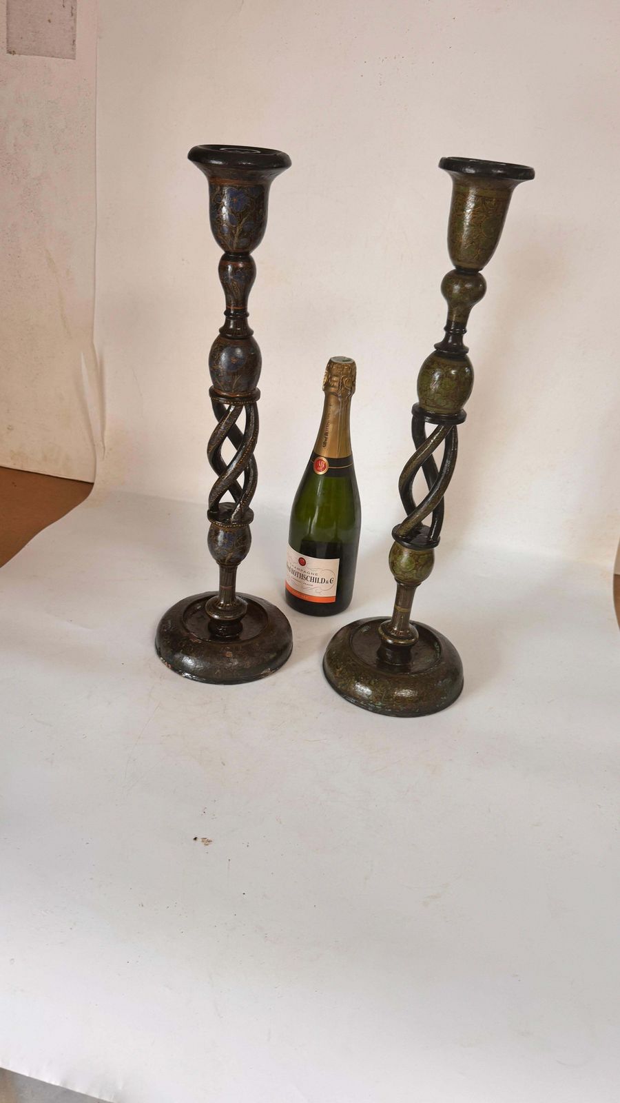 Pair Of Hand Painted Wooden Candlesticks — France, 1970s photo furniture