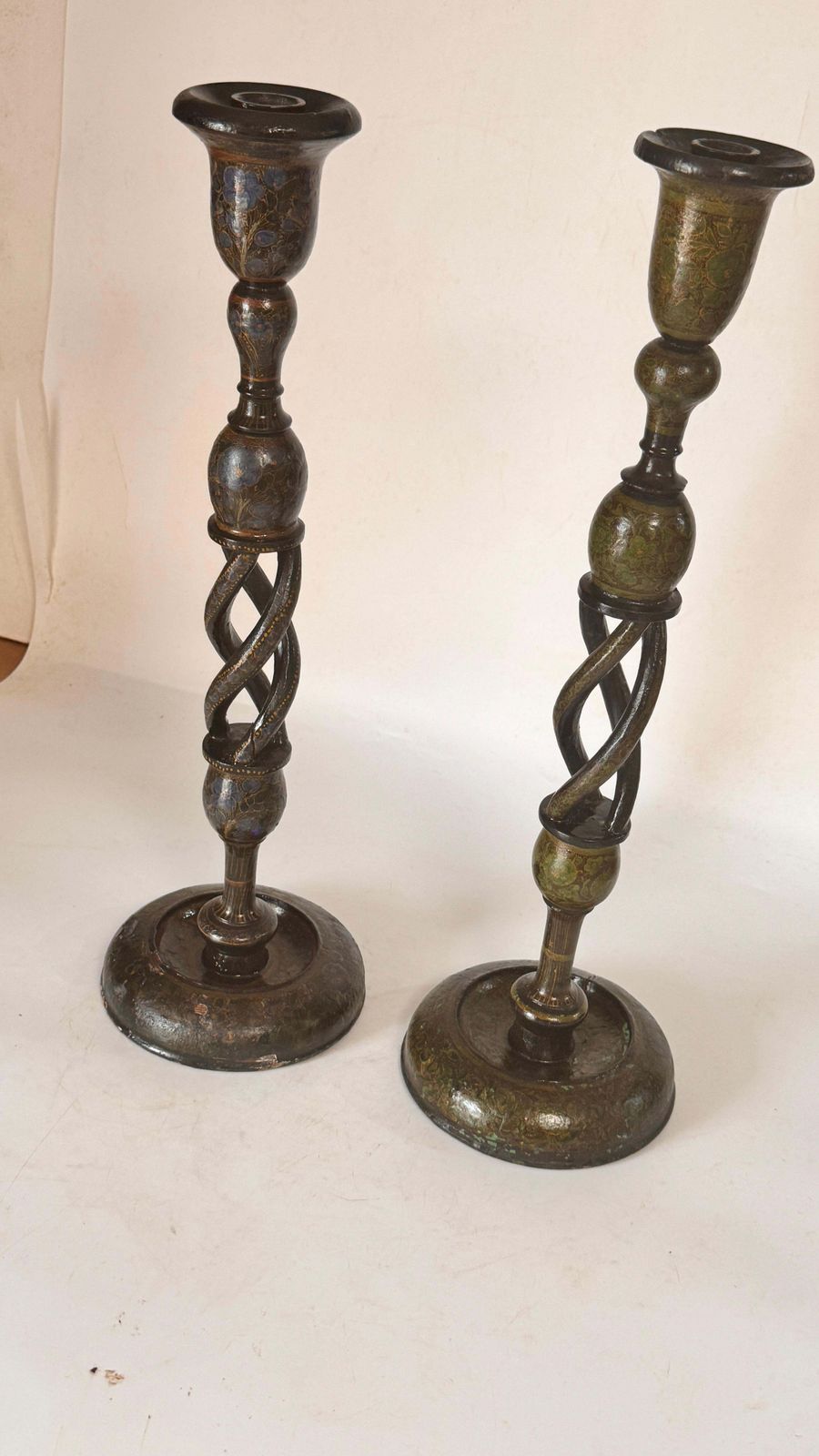 Pair Of Hand Painted Wooden Candlesticks — France, 1970s photo for sale