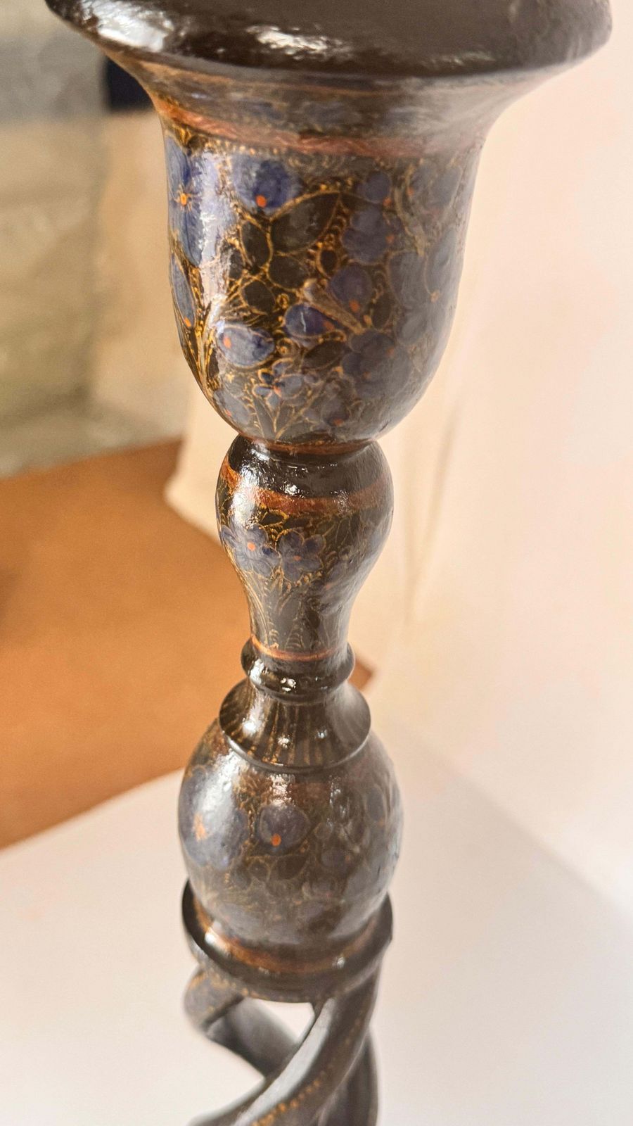 photo for sale Pair Of Hand Painted Wooden Candlesticks — France, 1970s