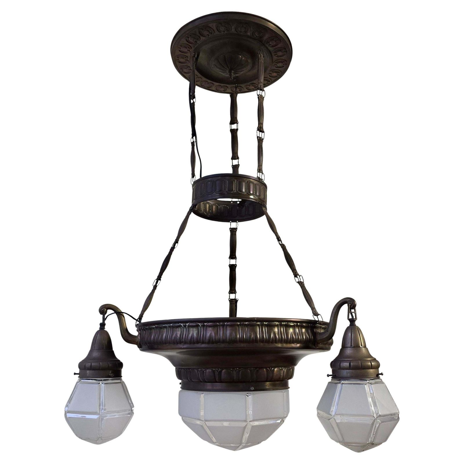 Large French Art Deco Brass Chandelier With Frosted Geometric Glass Shades photo Lighting