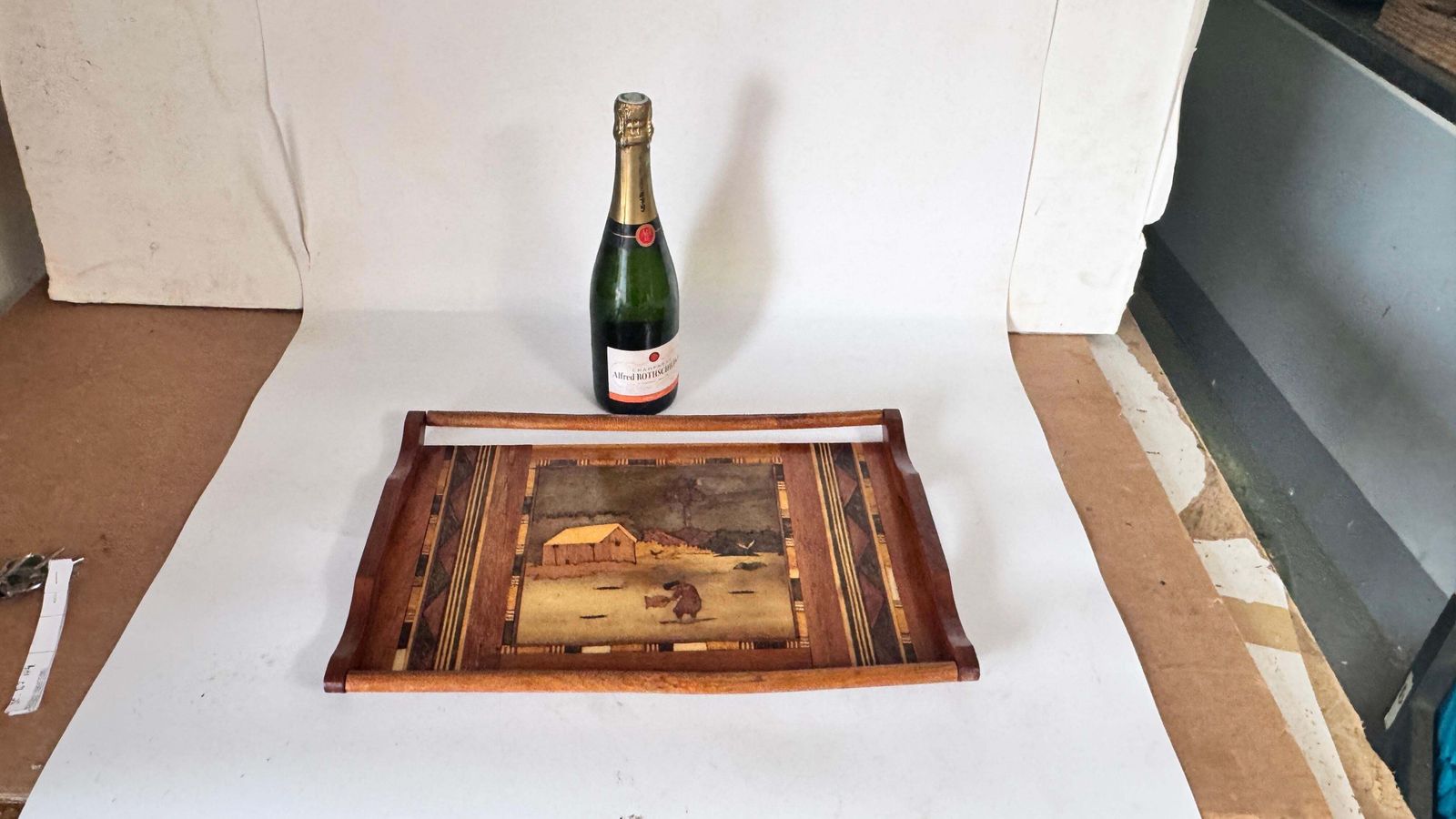 950s French Wooden Marquetry Tray – Traditional Craftwork With Winter Scene photo furniture