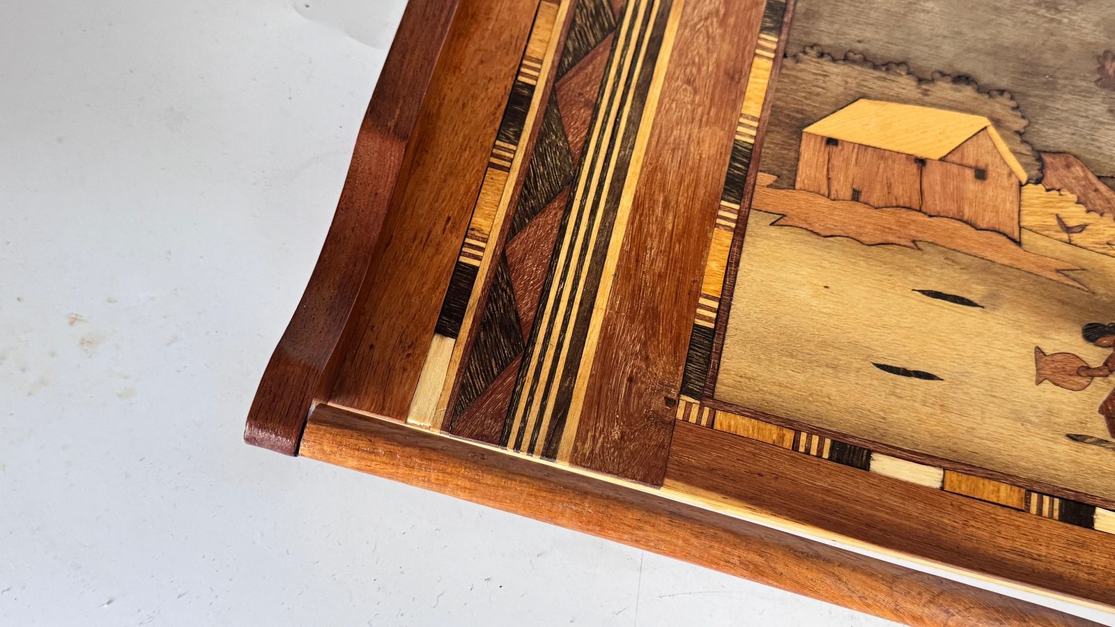950s French Wooden Marquetry Tray – Traditional Craftwork With Winter Scene photo vintage