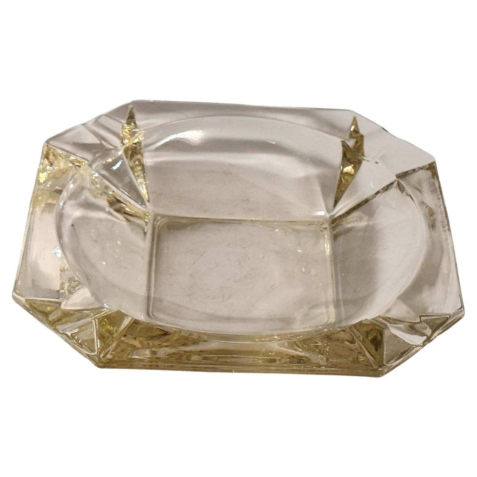 Large 1970s French Faceted Glass Ashtray – Transparent With Yellow Reflections
