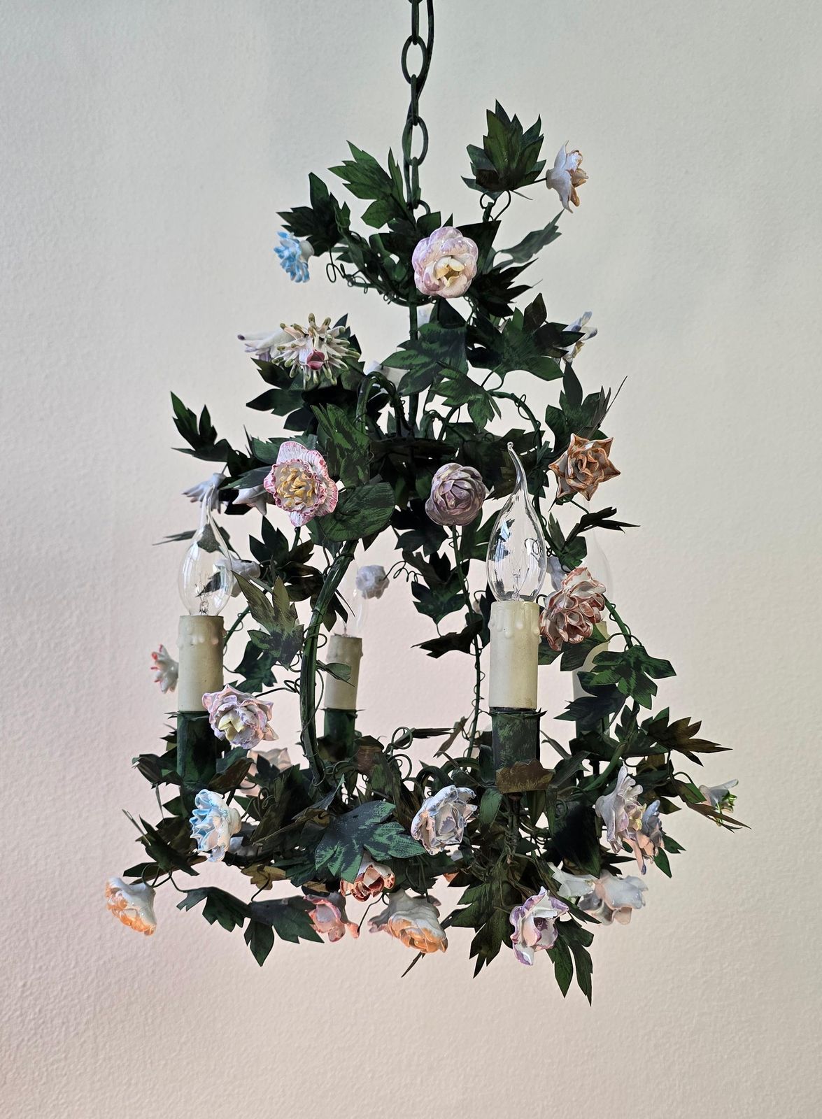Italian Tole And Porcelain Flower Chandelier, Capodimonte Style photo for sale