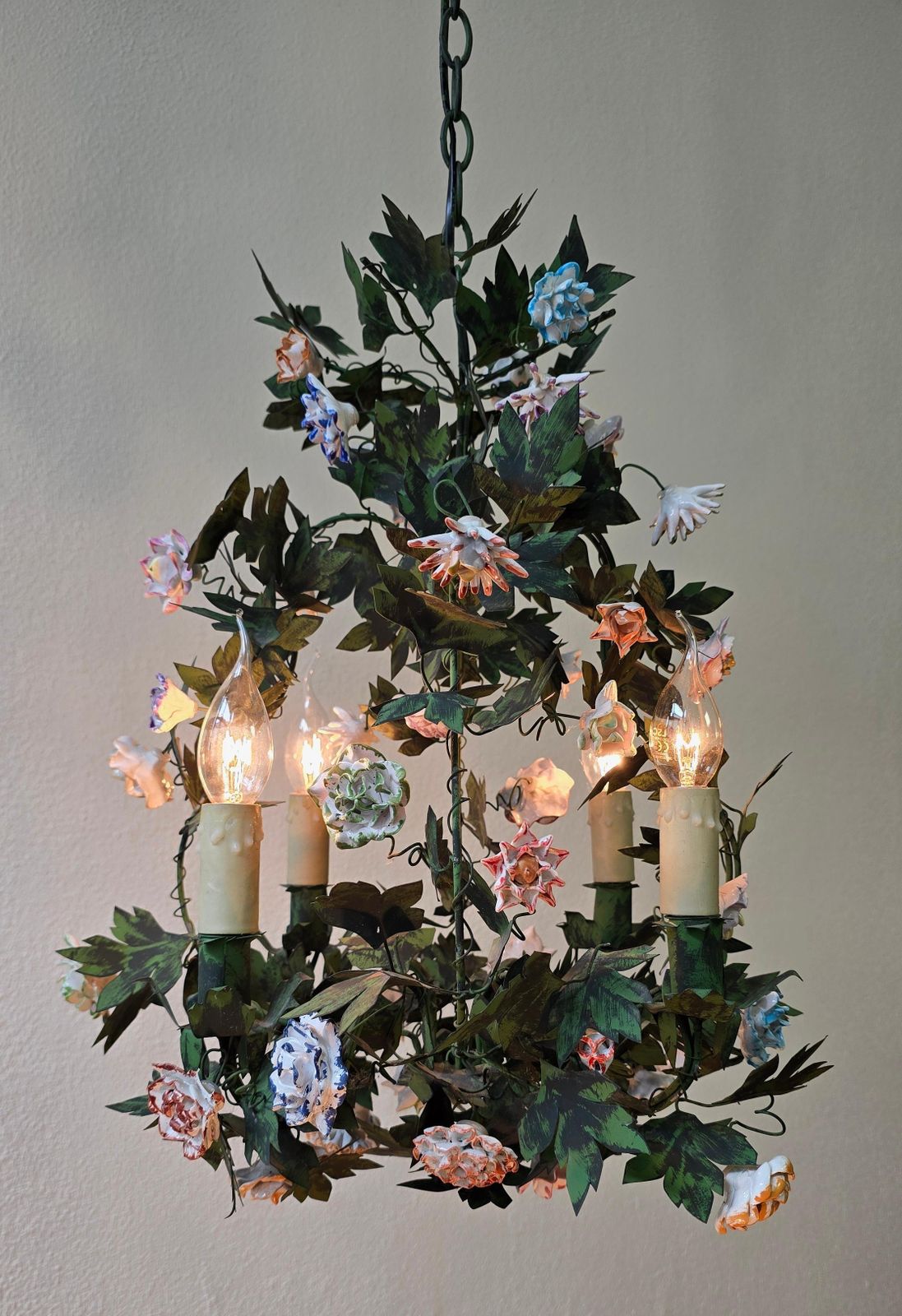 Italian Tole And Porcelain Flower Chandelier, Capodimonte Style photo buy
