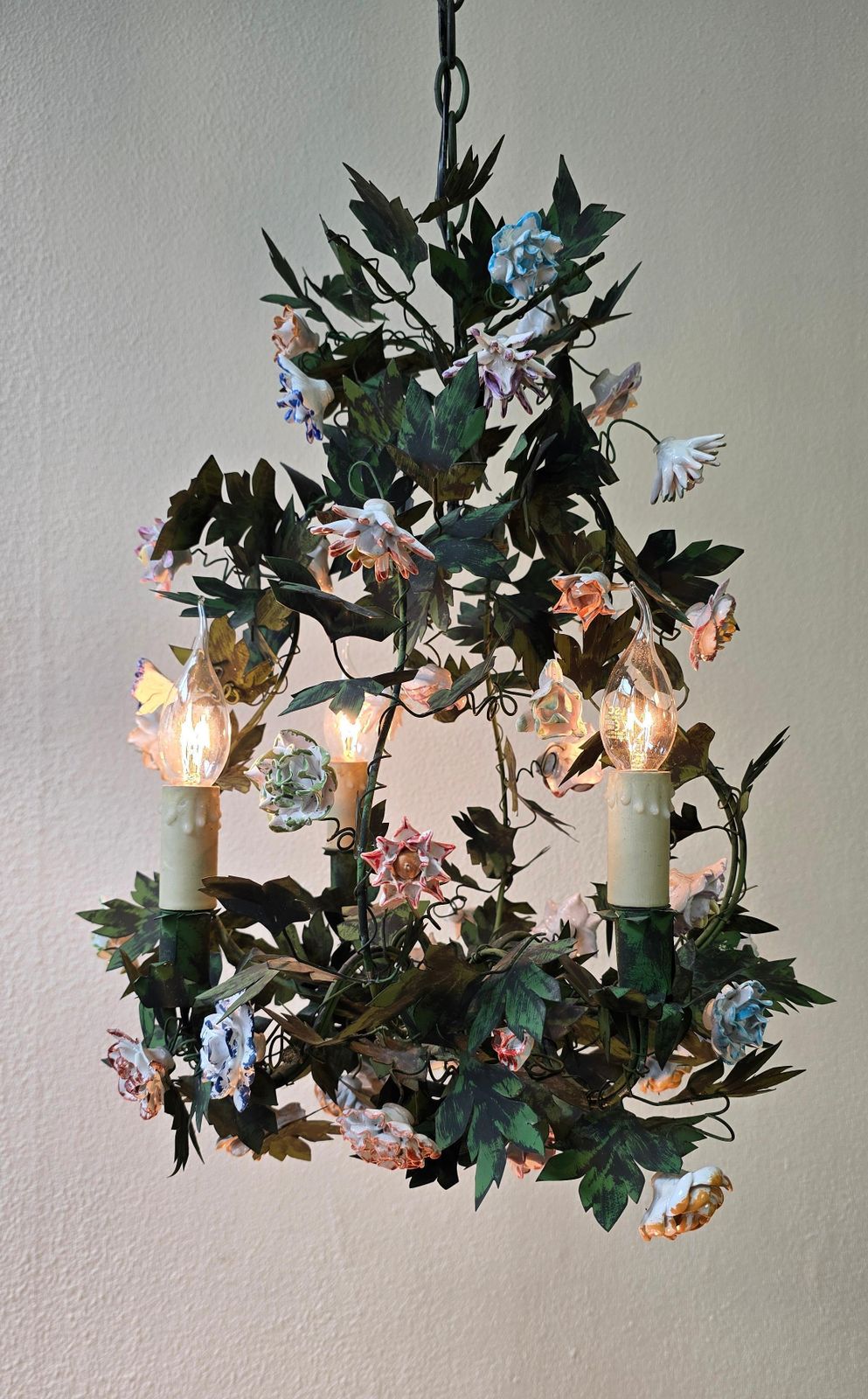 Italian Tole And Porcelain Flower Chandelier, Capodimonte Style photo vintage