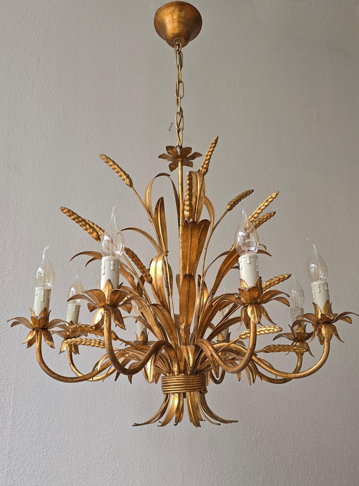 Large Italian Gilt Tole Wheat Sheaf Chandelier, Circa 1970s photo 2148.0