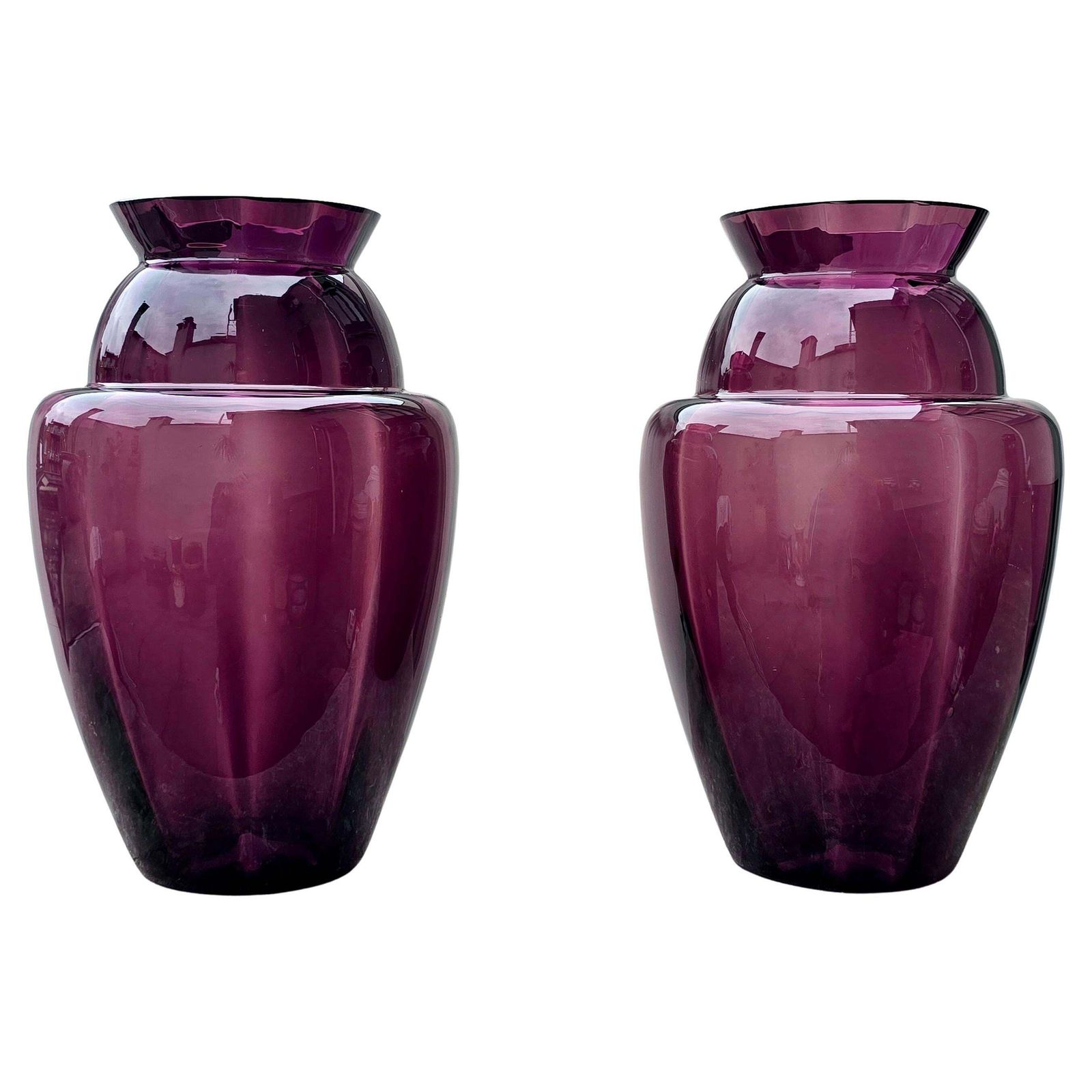 Elegant Pair Of Deep Amethyst Murano Glass Vases, Hand Blown In Italy, 1970s