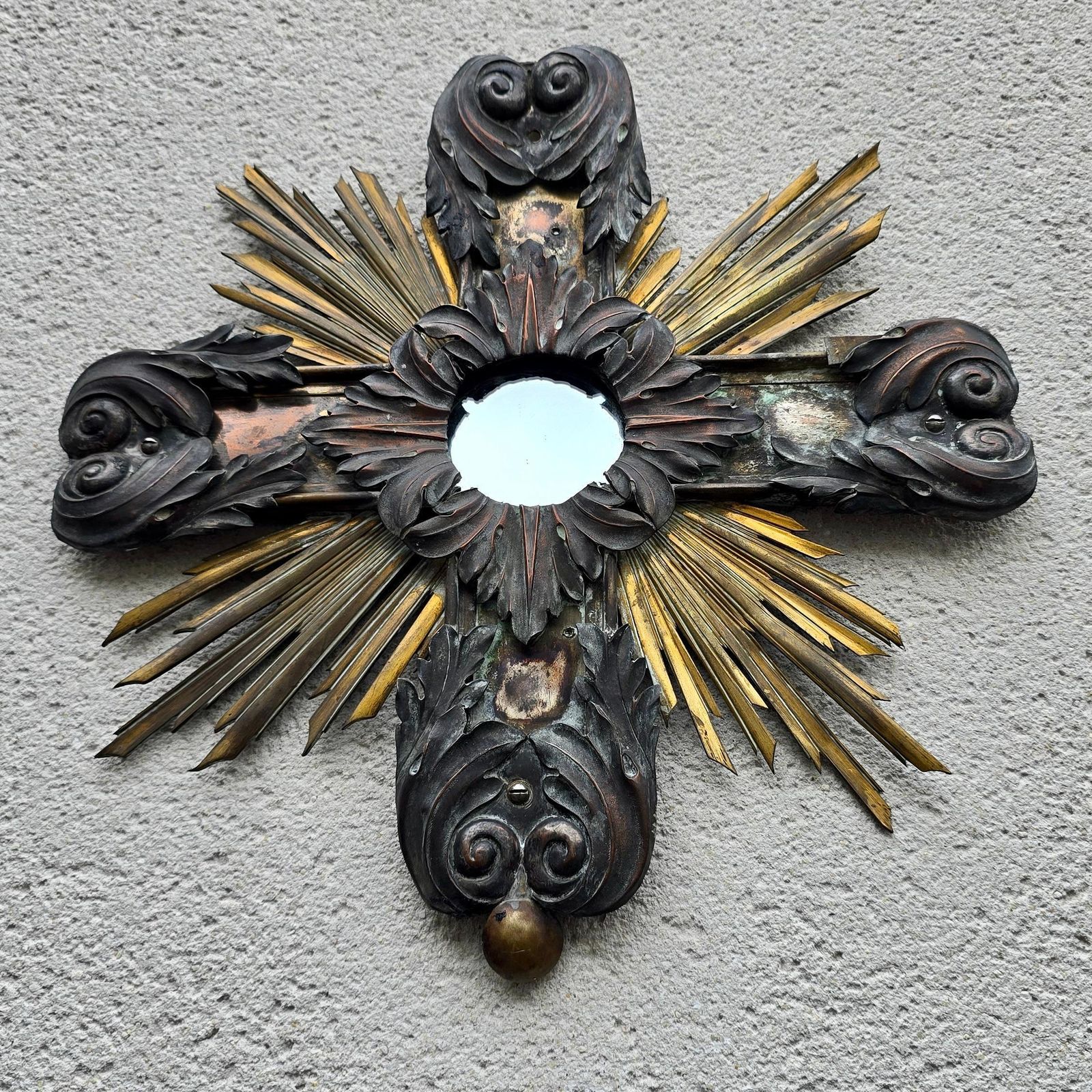 19th Century French Gilded And Patinated Metal Cross Mirror With Sunburst Rays photo Home Decor