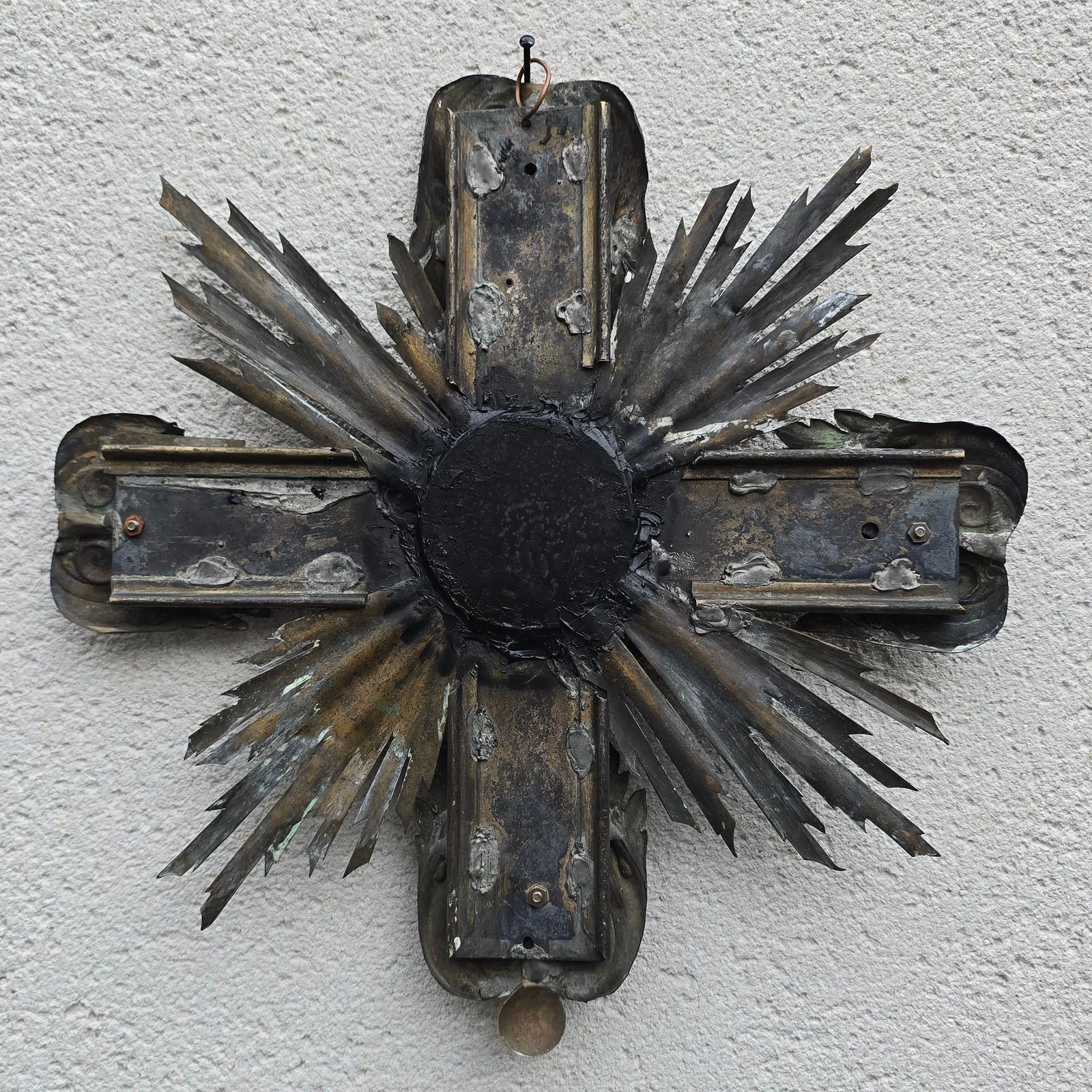 19th Century French Gilded And Patinated Metal Cross Mirror With Sunburst Rays photo vinterior