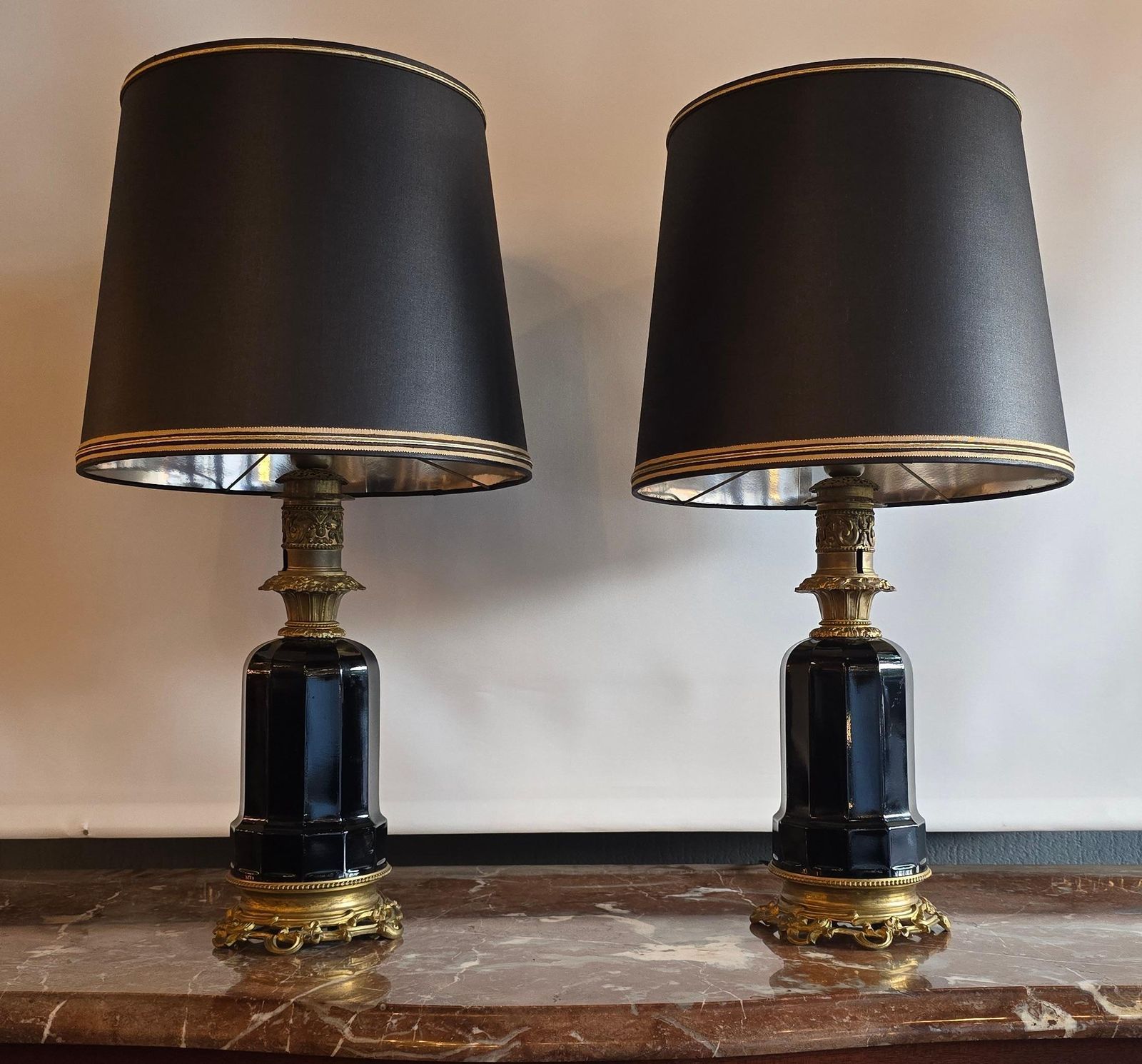 Pair Of French Black Opaline And Gilt Bronze Table Lamps, Circa 1870 photo buy