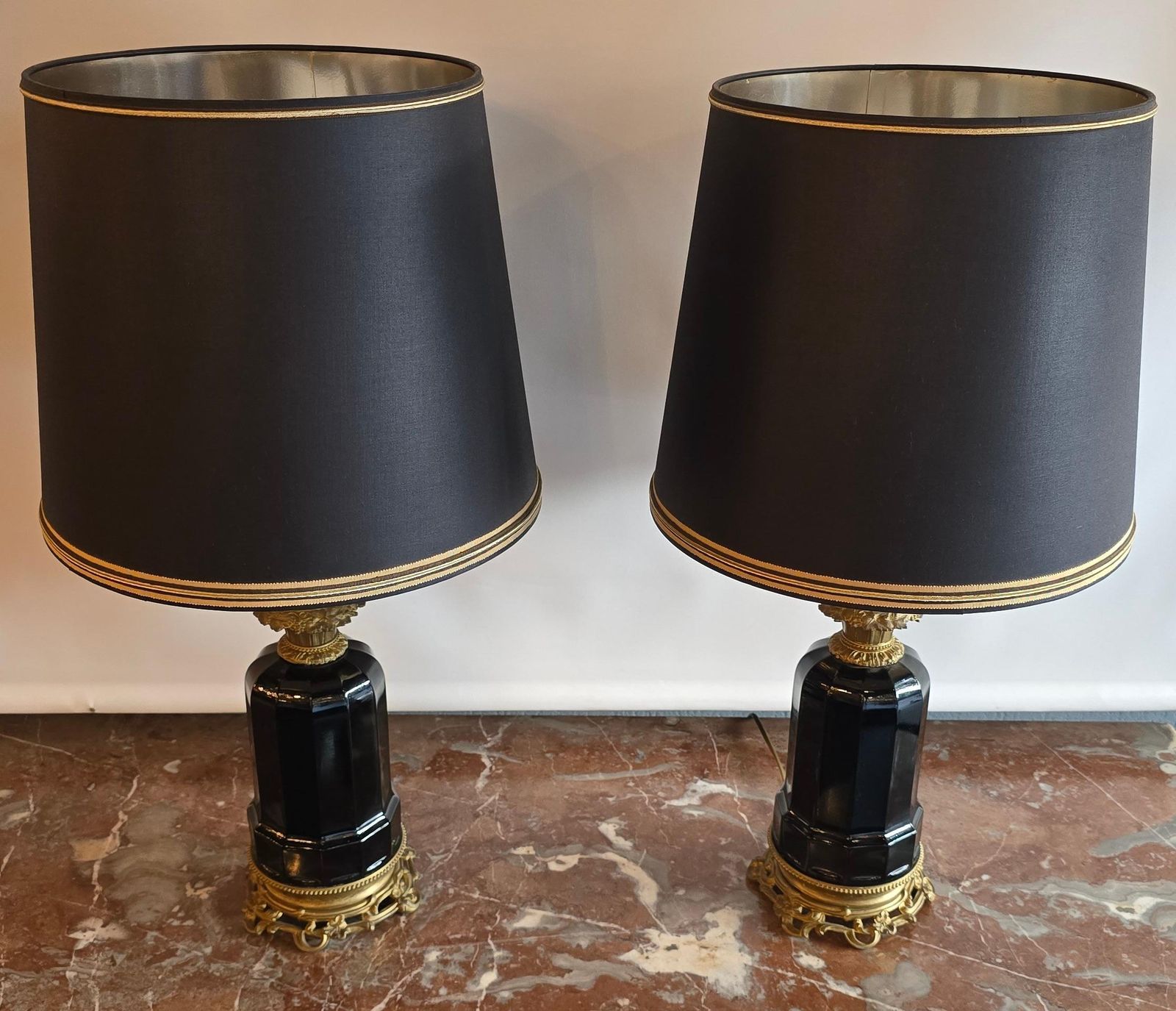 Pair Of French Black Opaline And Gilt Bronze Table Lamps, Circa 1870 photo vintage