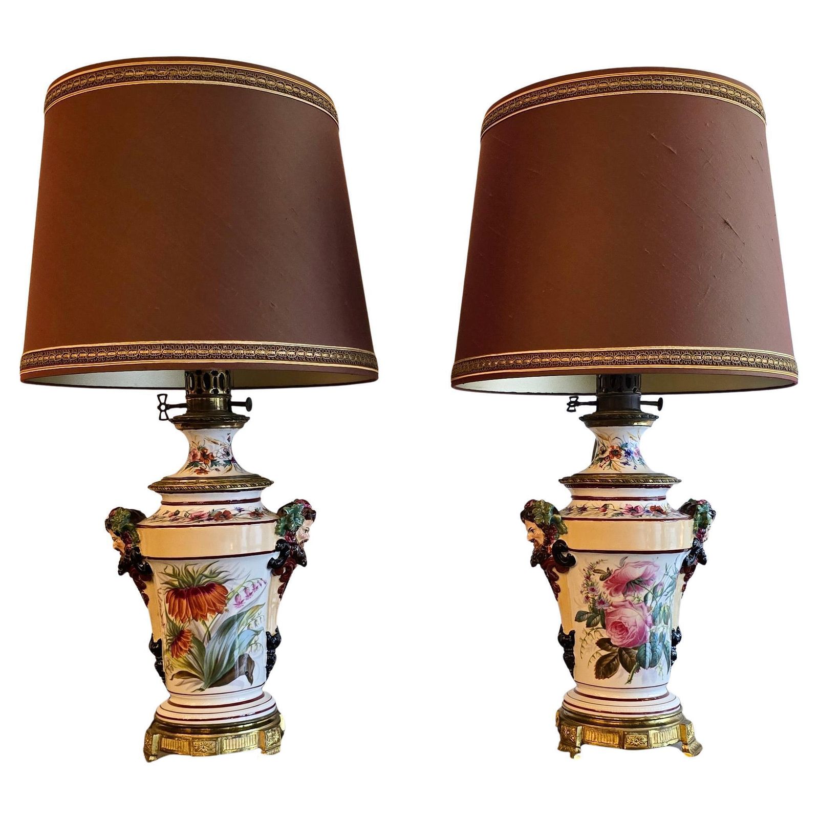 Porcelain Oil Lamps Converted To Table Lamps With Bacchus Masks, Circa 1870