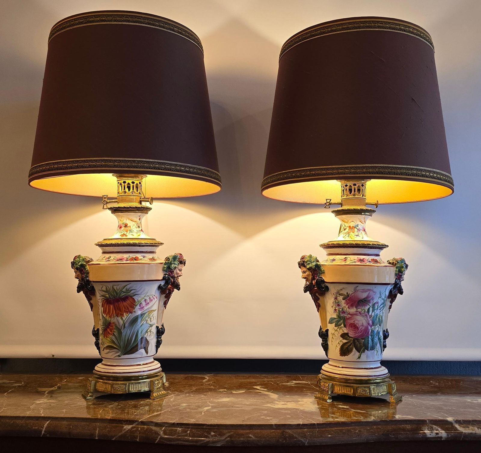 Porcelain Oil Lamps Converted To Table Lamps With Bacchus Masks, Circa 1870 photo Lighting