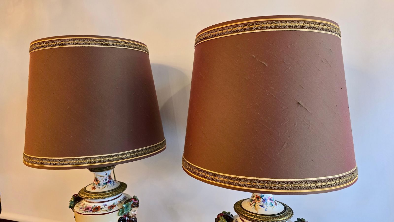 Porcelain Oil Lamps Converted To Table Lamps With Bacchus Masks, Circa 1870 photo vintage