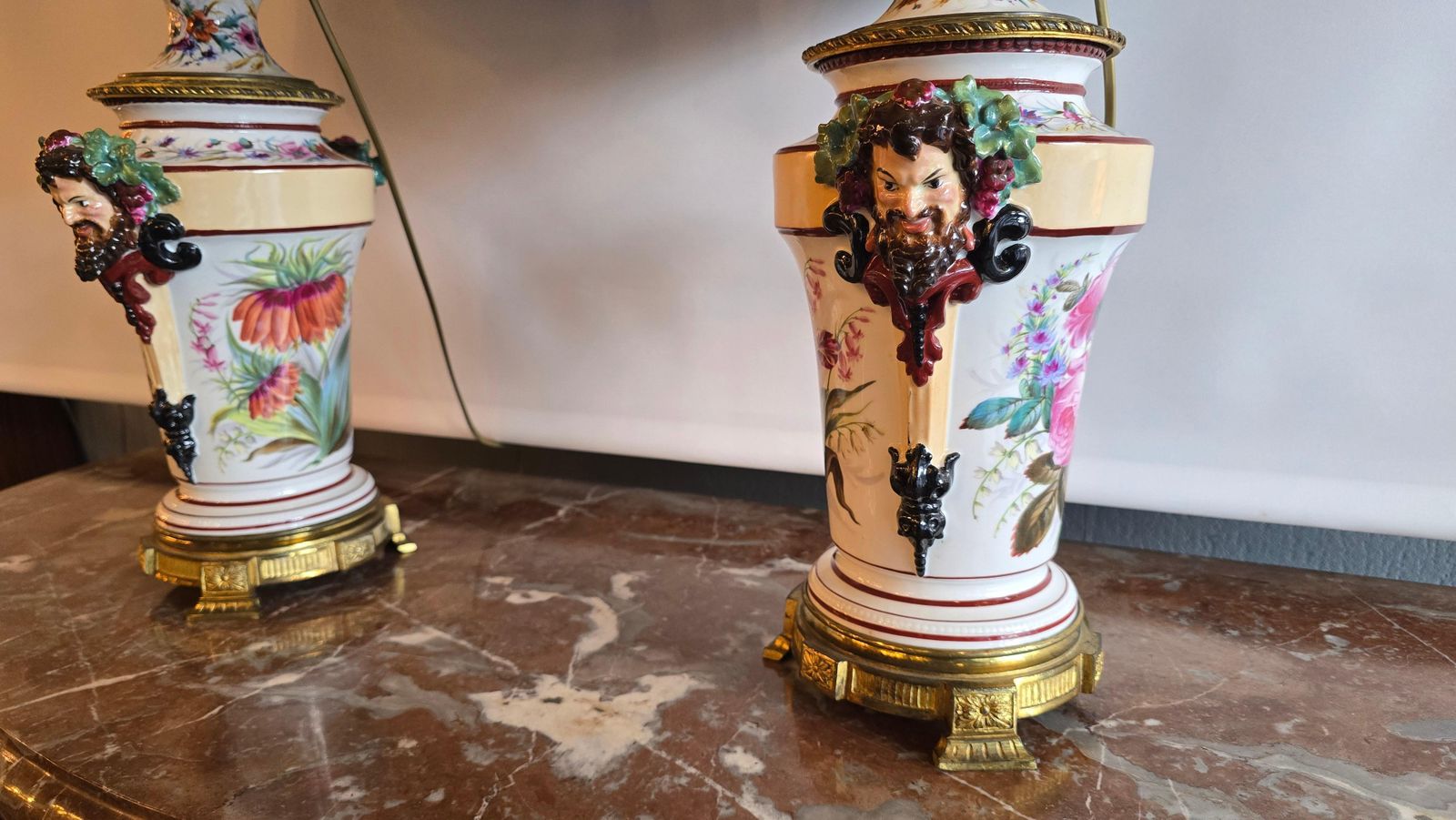 6010.0 Porcelain Oil Lamps Converted To Table Lamps With Bacchus Masks, Circa 1870 photo