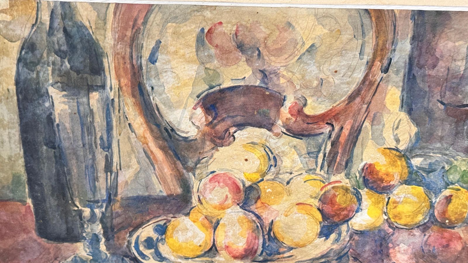 French Still Life Oil Painting – Colorful Fruits, Wine Bottle – Circa 1960 photo vintage