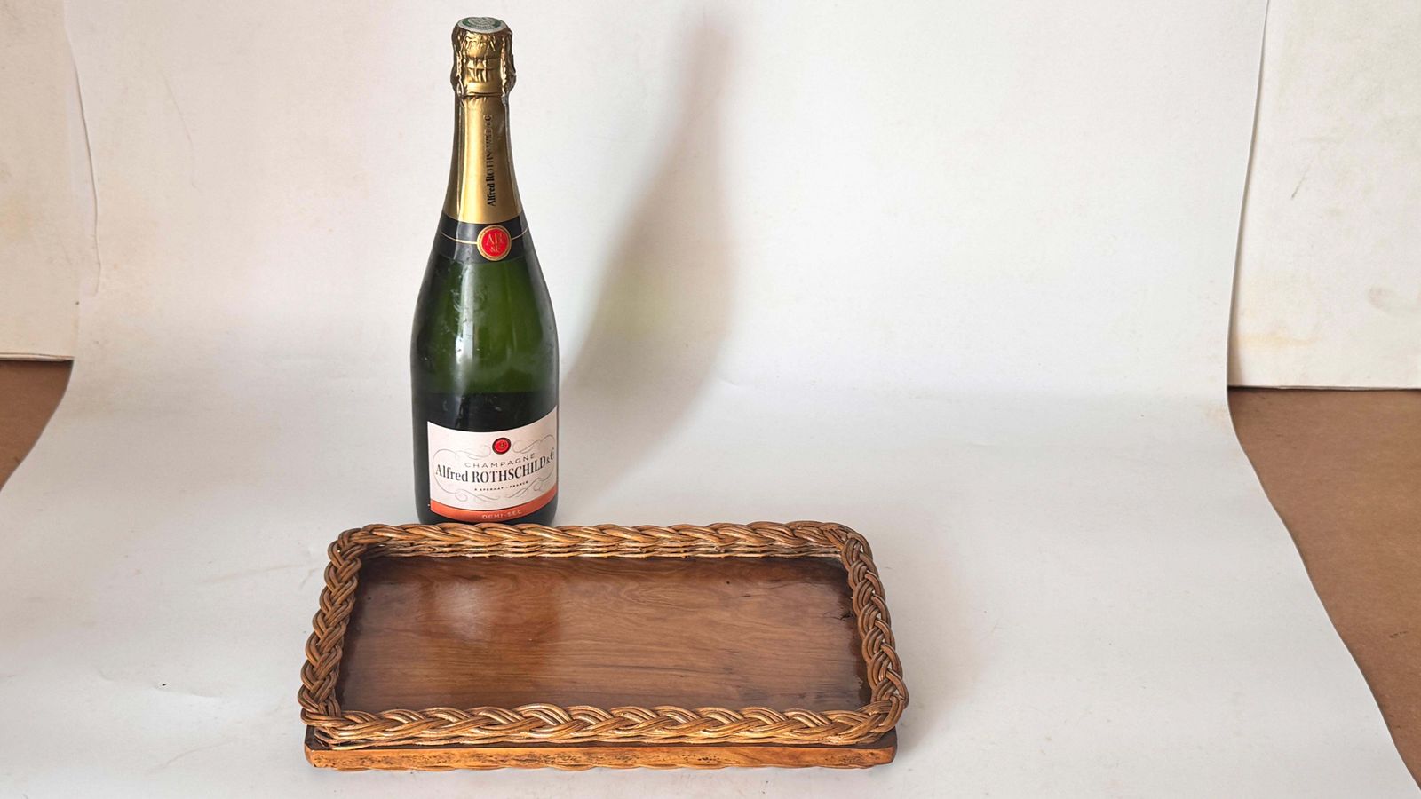 Olive Wood And Woven Reed Serving Tray – France, 1970s photo furniture