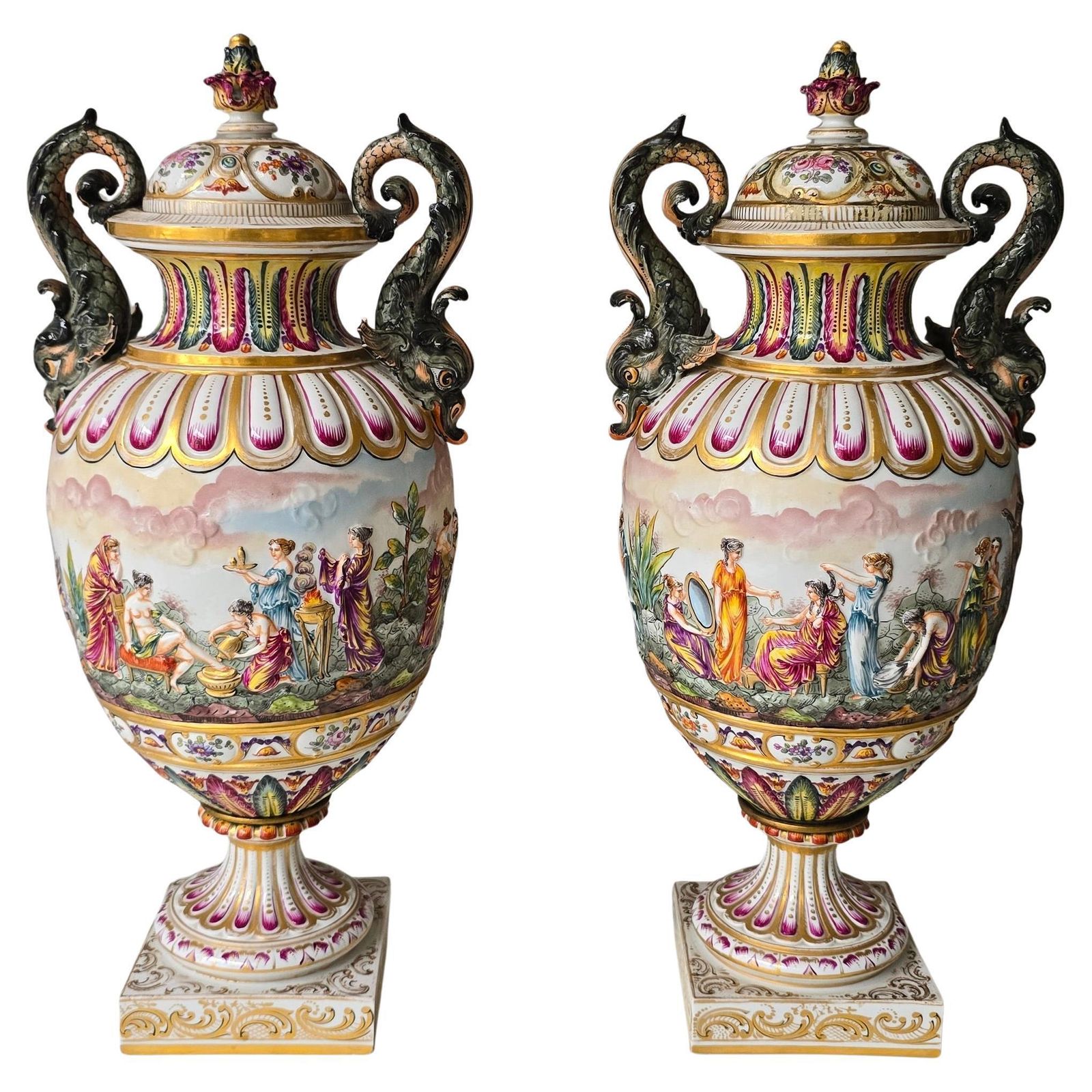 Pair Of 19th Century Capodimonte Porcelain Urns Vazes With Mythological Reliefs