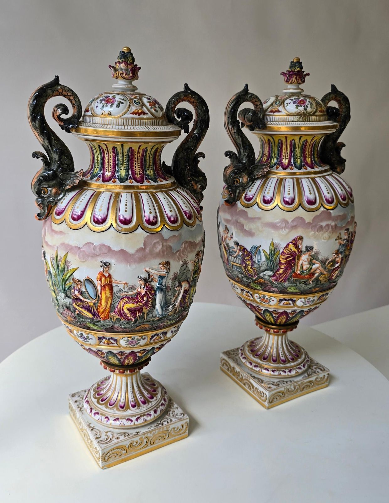 Pair Of 19th Century Capodimonte Porcelain Urns Vazes With Mythological Reliefs photo furniture