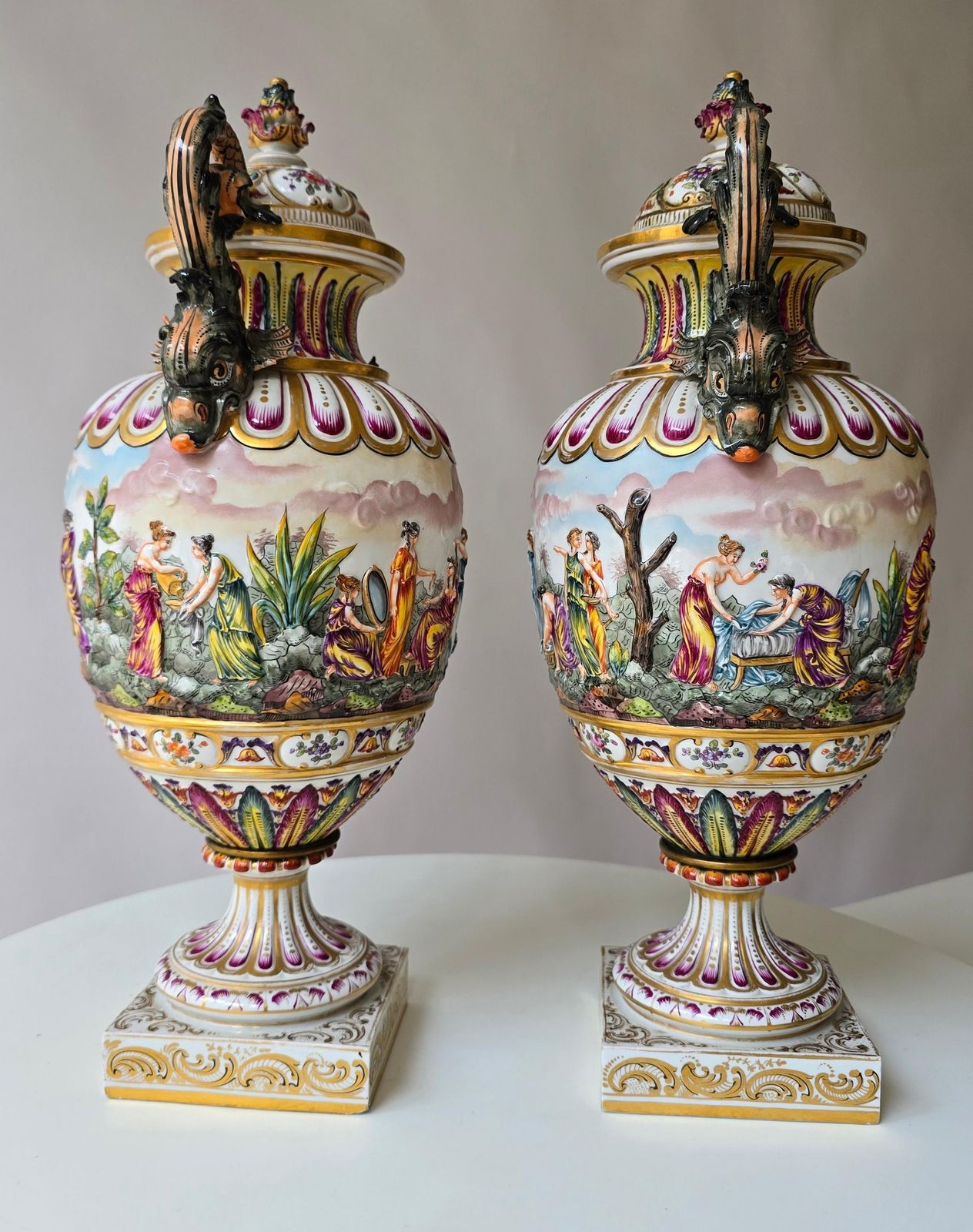Pair Of 19th Century Capodimonte Porcelain Urns Vazes With Mythological Reliefs photo for sale