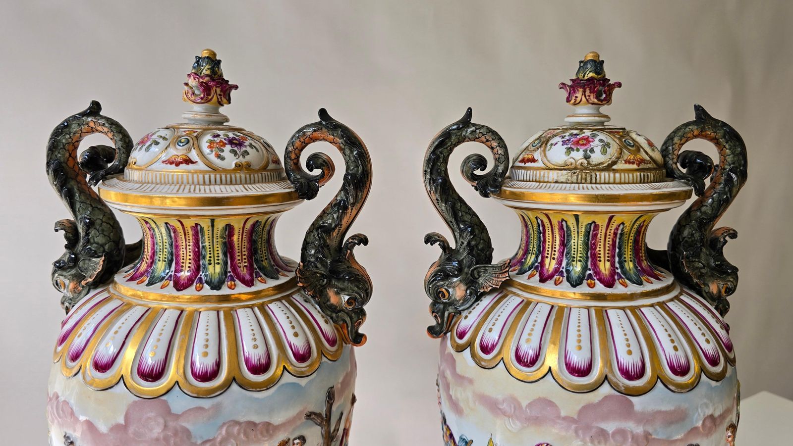 2468.0 Pair Of 19th Century Capodimonte Porcelain Urns Vazes With Mythological Reliefs photo