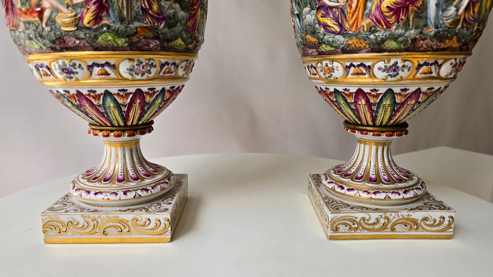photo buy Pair Of 19th Century Capodimonte Porcelain Urns Vazes With Mythological Reliefs